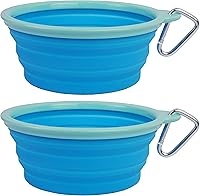 Prima Pets Collapsible Silicone Travel Bowl for Dogs & Cats - Large 5 Cup Capacity, Portable with Carabiner Clip, Durable Pop-Up 2 Pack Aqua