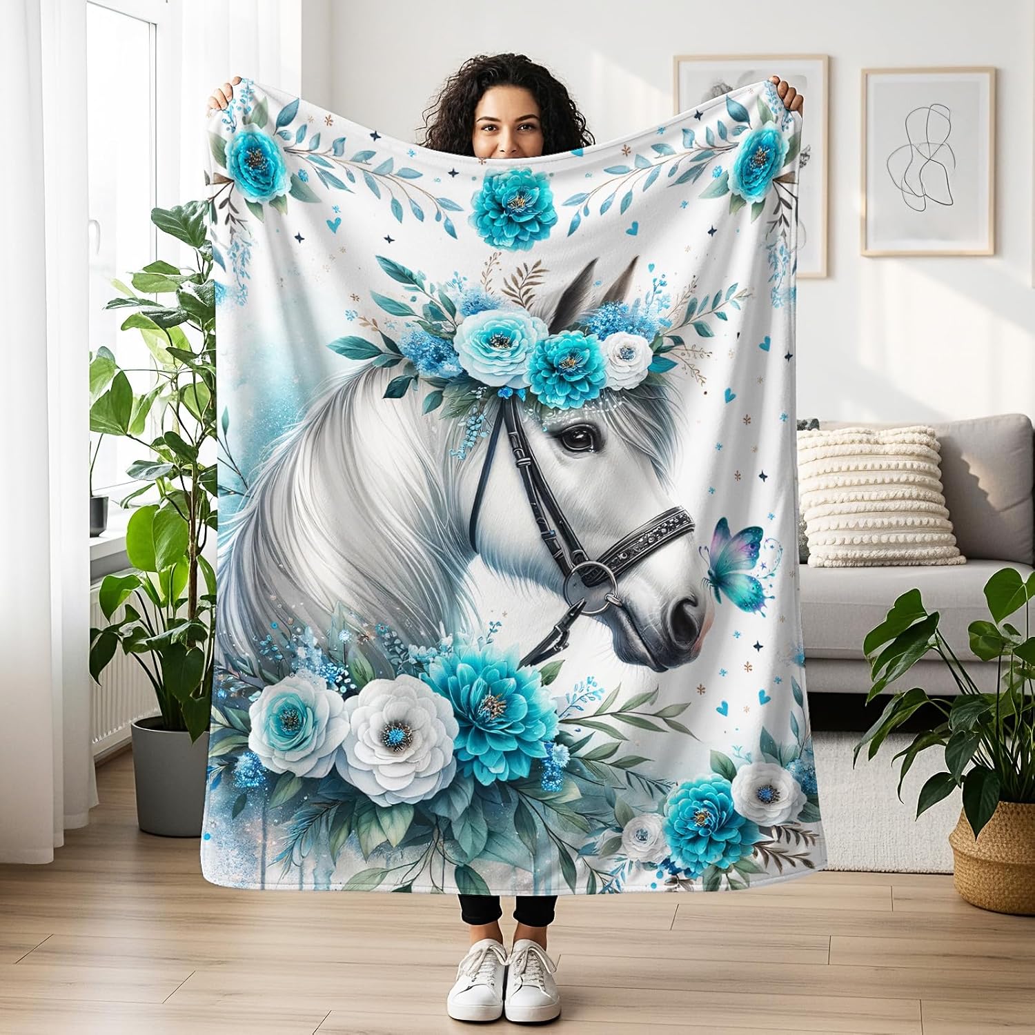 Horse Blanket 40" x 50", Cute Horses Themed Design Blankets for Kids Girls Boys, Soft Cozy Lightweight Flannel Throw for Lap Chair Sofa