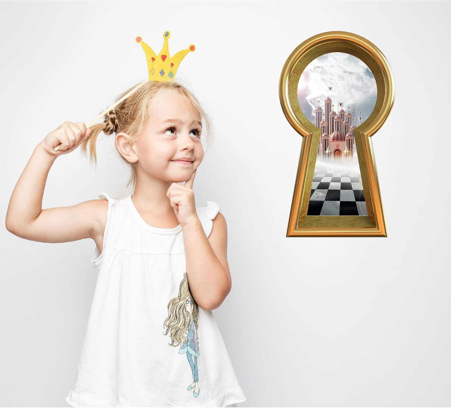Gold Keyhole Wall Decal Hearts Castle Fantasy Fairy Tale Wonderland Decor Removable Peel and Stick Mural for Kids Room 24 inch