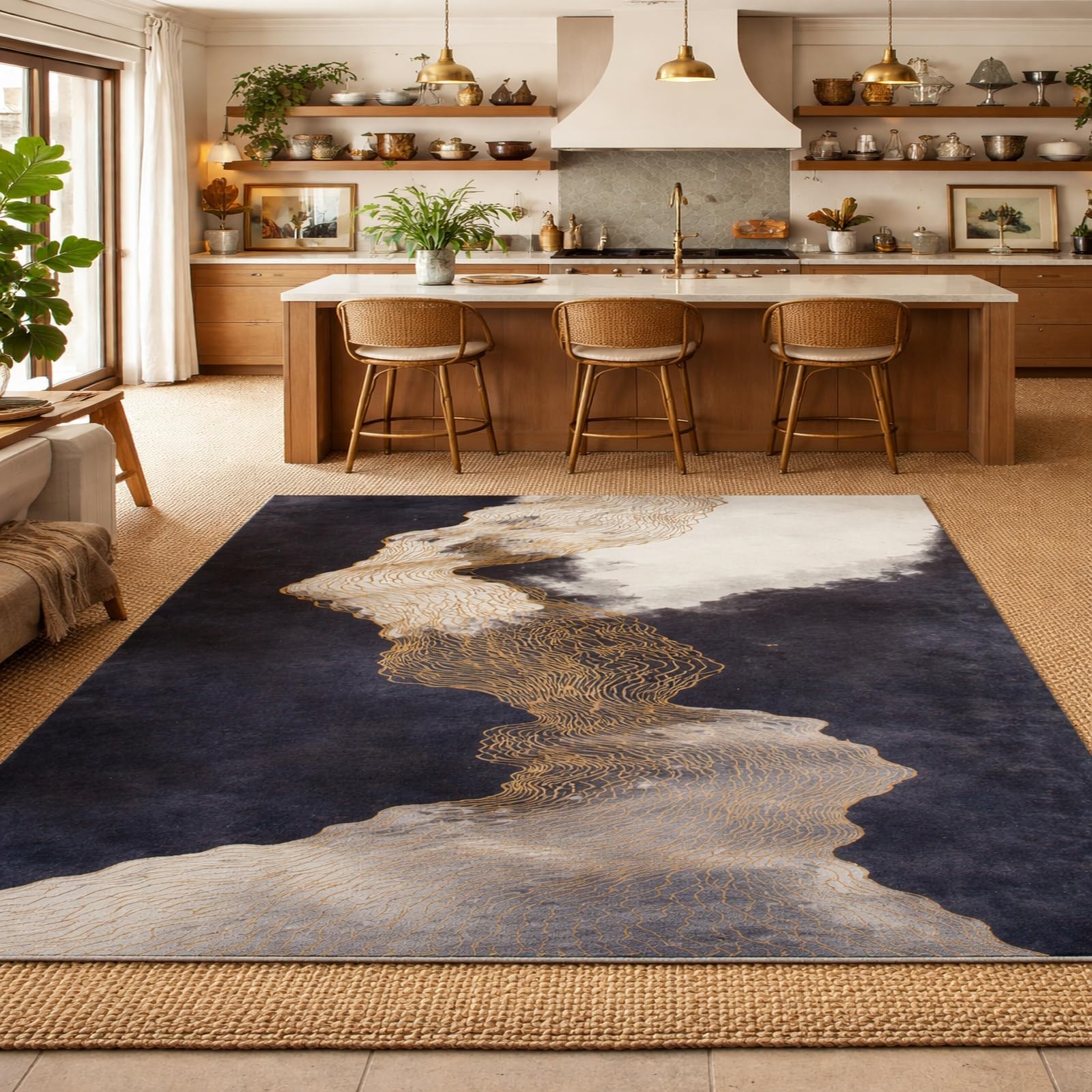 Tapis de salon chambre poils ras jaune noir blanc 120x200 cm de style abstrait