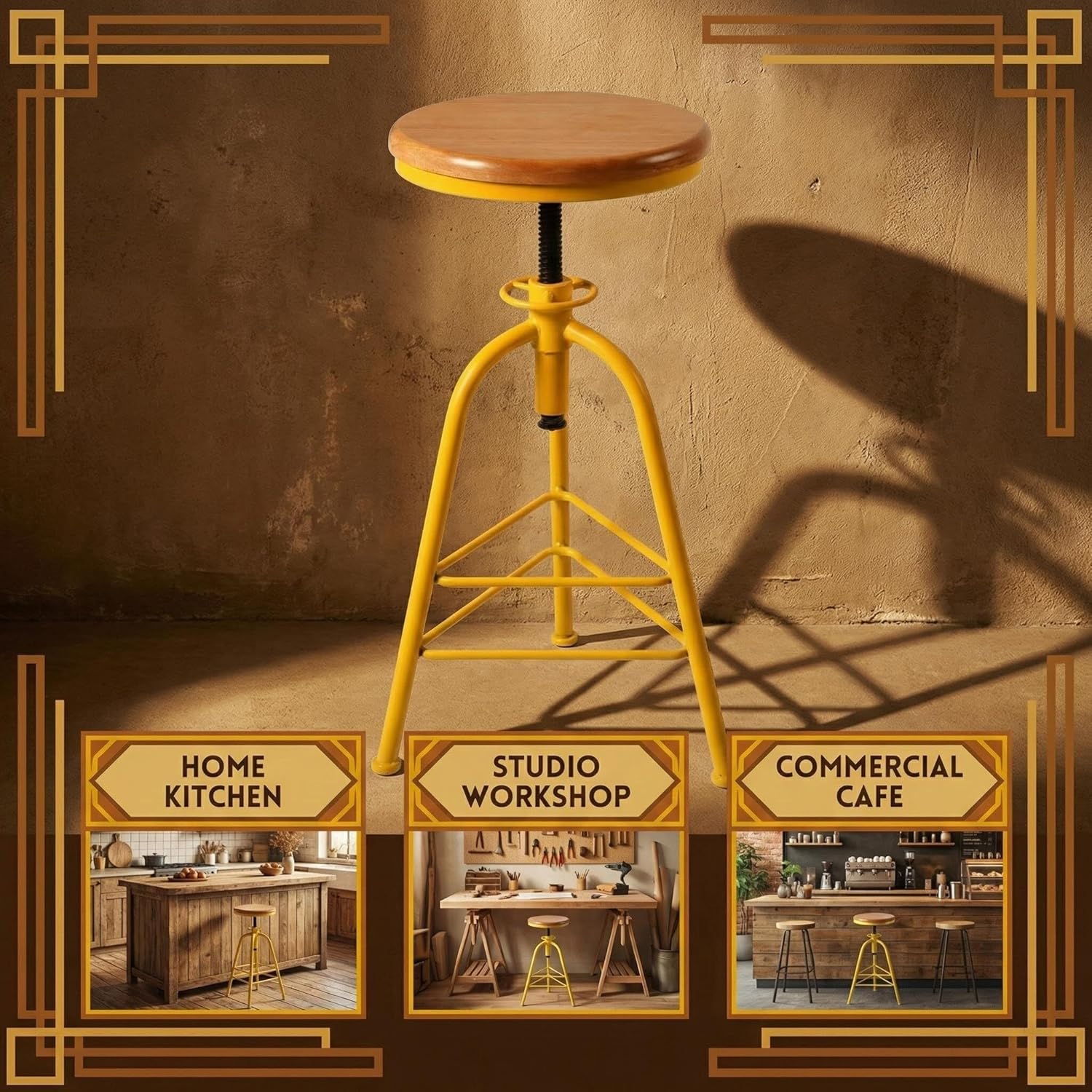 Topower Antique Industrial Design Metal Adjustable Height Bar Stool, Kitchen Dining Breakfast Chair, Wood Seat Counter Stool, Set of 2, Yellow