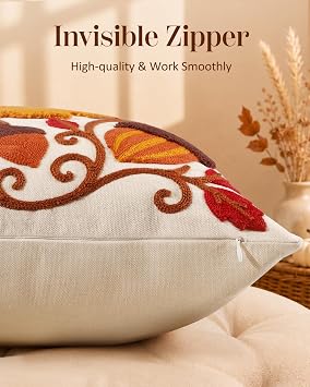 Fall Embroidered Throw Pillow Cover 18x18 Inch, Maple Acorn