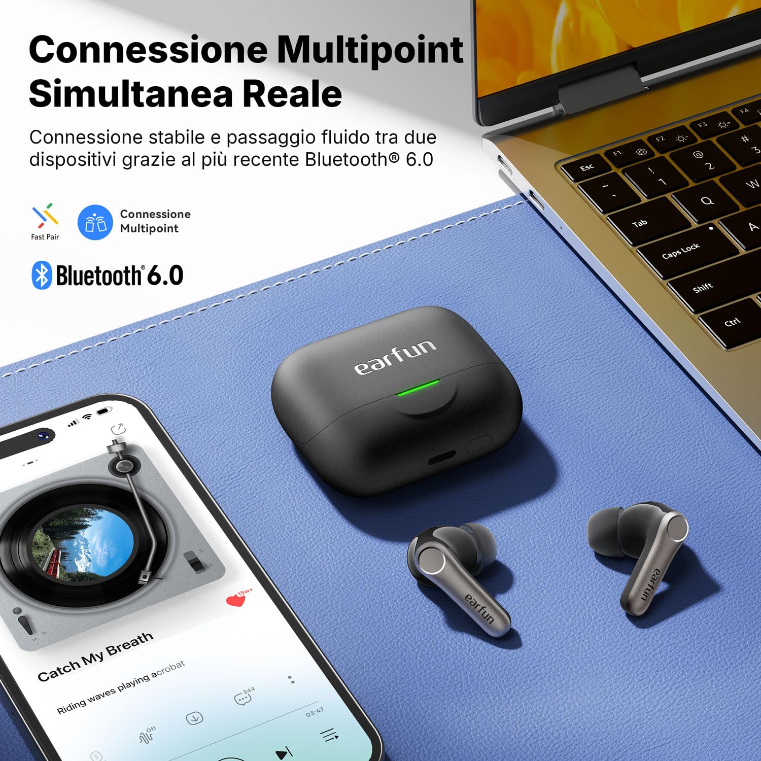 EarFun Air Pro 4+ Cuffiette Bluetooth, Cancellazione Adattiva del Rumore | 6 Microfoni, Doppio Driver, Hi-Res Audio, LDAC, Qualcomm aptX Lossless, Bluetooth 6.0, 54 Ore, Ricarica Wireless, IP55, Nero
