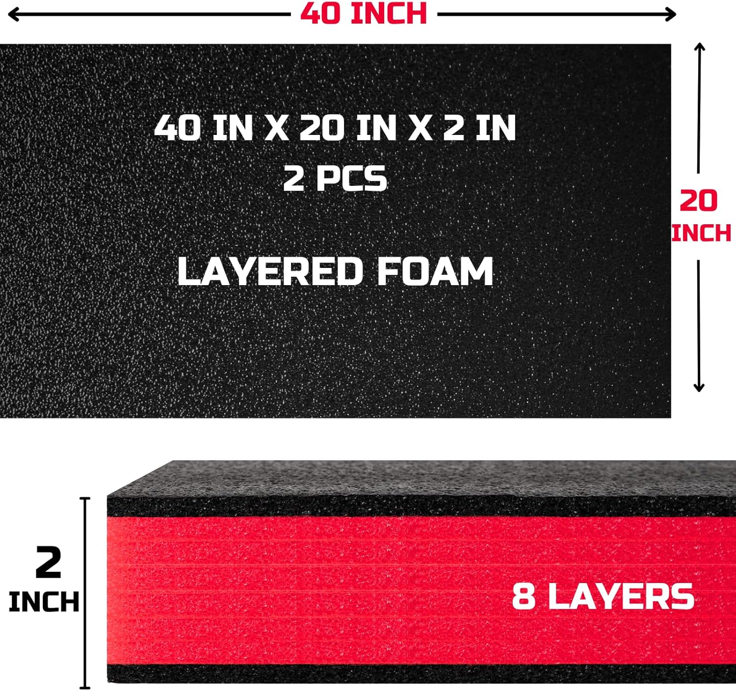 ONREVA Tool Box Foam 40x20x2 inch 2Pack, Foam Inserts for Cases, Polyethylene Storage Sheets for Toolbox Hard Case, Tool Shadow Insert, Kaizen Organizer Sheet, Black with Red