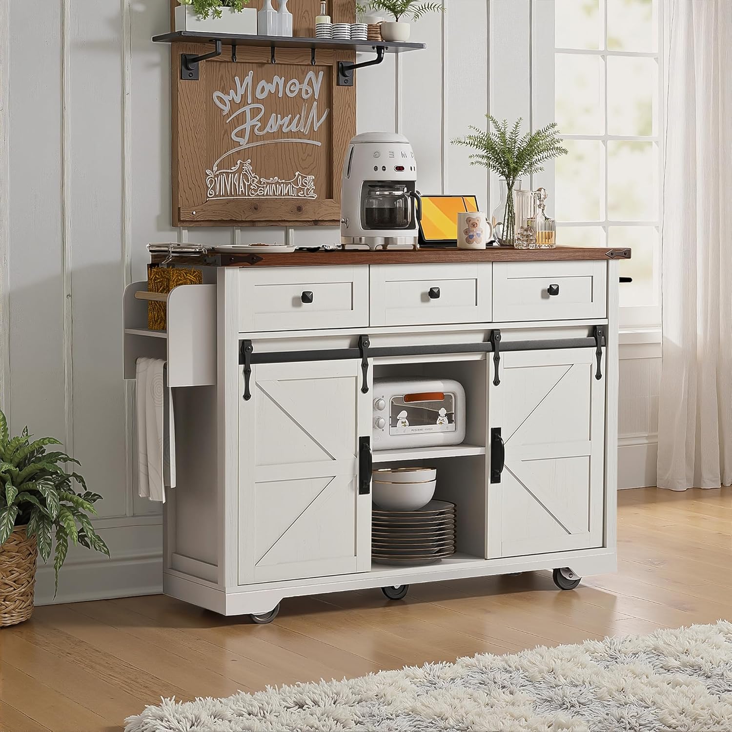 Merax 53.7" Kitchen Cart Island on Wheels with Power Outlet,Drop Leaf and 2 Sliding Barn Door,Farmhouse Style Storage Cabinet for Dining Room