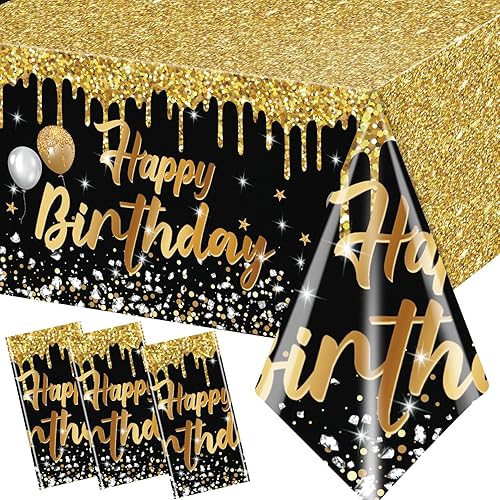Miniatura 7 de Mantel de feliz cumpleaños, 3 manteles azul marino y dorado para fiestas, decoración de cumpleaños con purpurina para mujeres y hombres, suministros