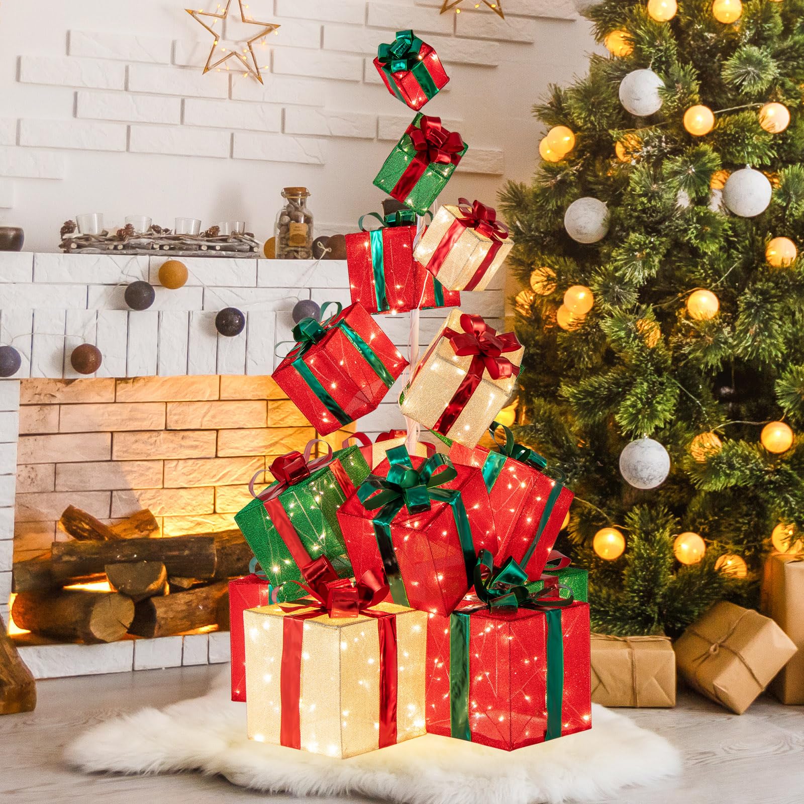 COSTWAY 170 cm große LED Geschenkboxen, 15 gestapelte Weihnacht Dekoboxen mit 450 warmweißen Lichtern, Metallsockel, beleuchtete Weihnachtenbox, Weihnachtsdeko für außen und innen