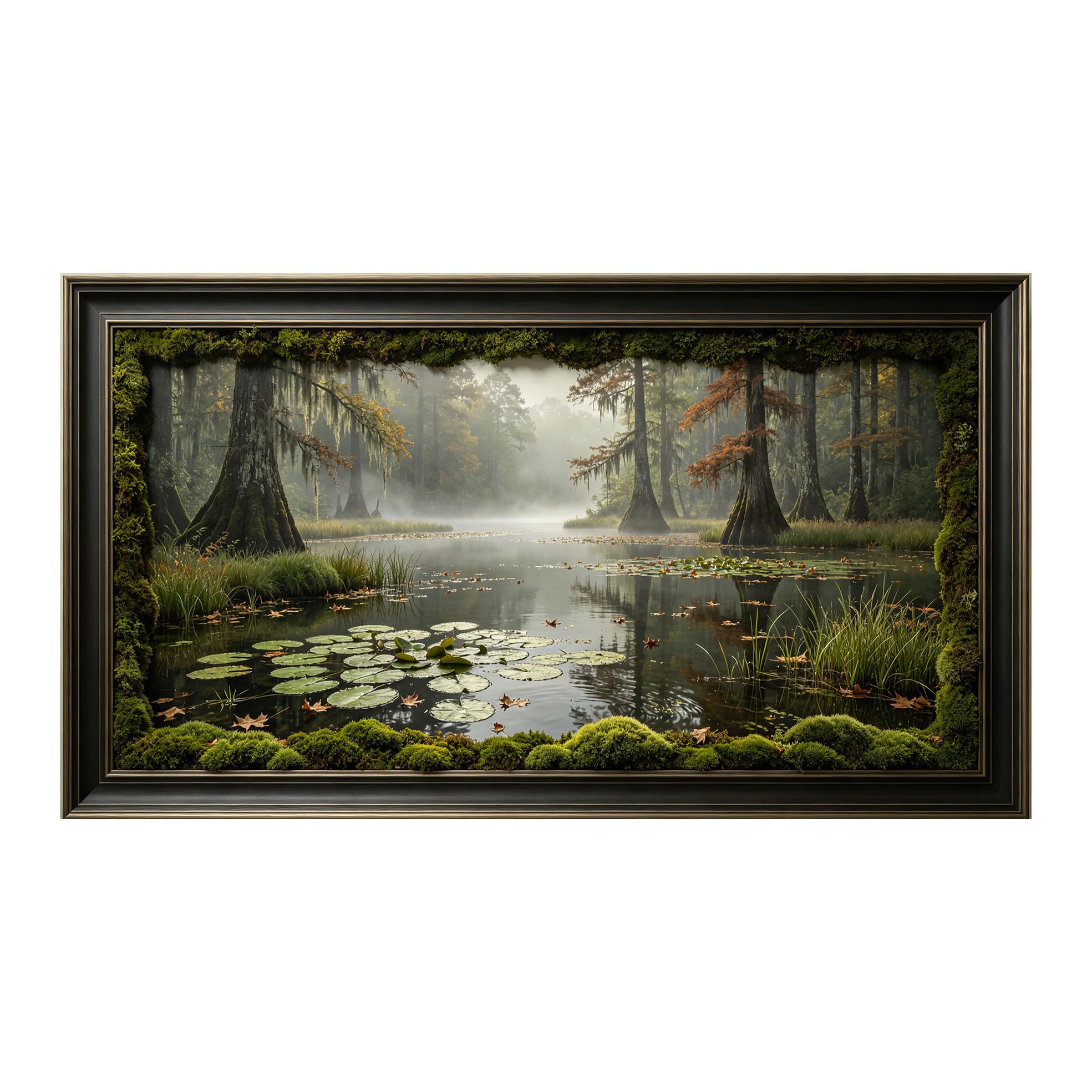Yzpallescene 3D Framed Wall Art 50cm×100cm Misty Bayou Swamp Landscape Panoramic Nature Window View Large Size SelfAdhesive Removable Wall Decor Prints Artwork for Living Room Bedroom Office