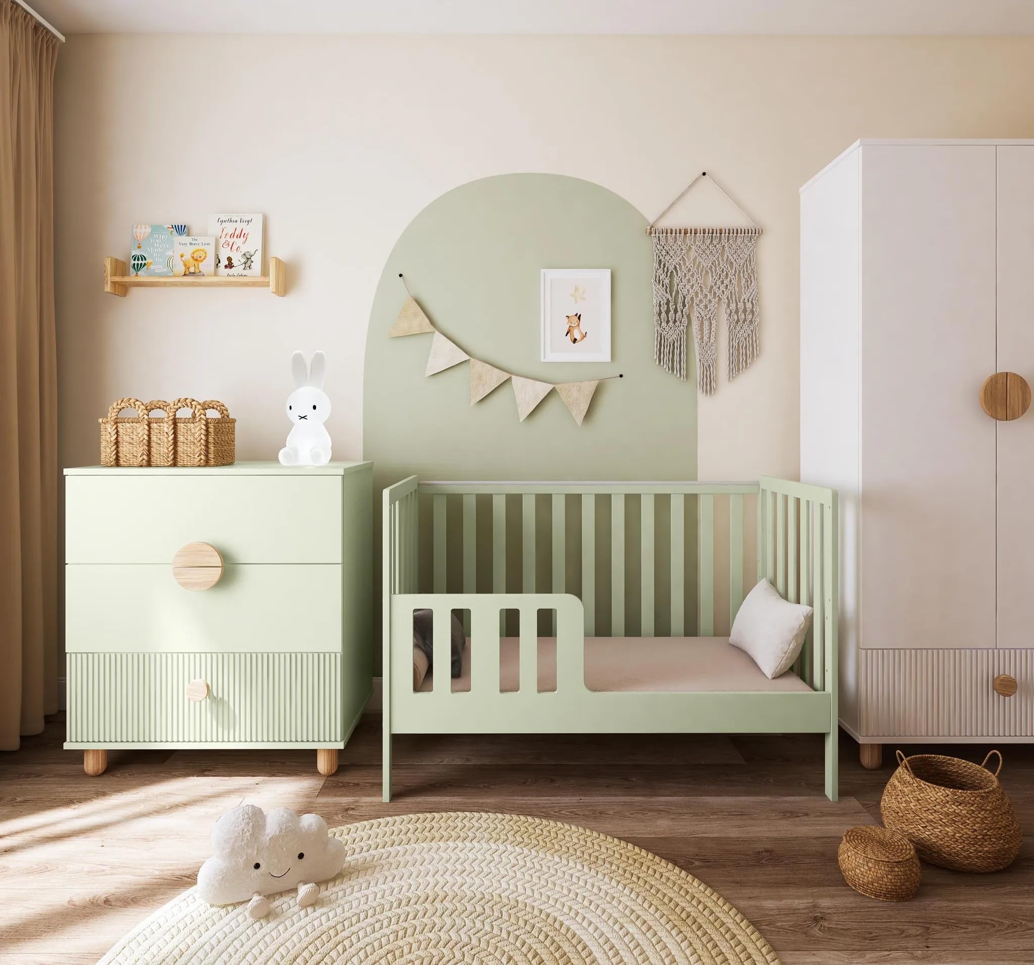 zee - Babybett Kommode, Kinderbett 2w1 Bett Bambi 120x60 - Dreistufige Einstellung für Nicht Sitzendes, Sitzendes und Stehendes Kind - mit Geländer - Set mit Kommode LOFT - Mint