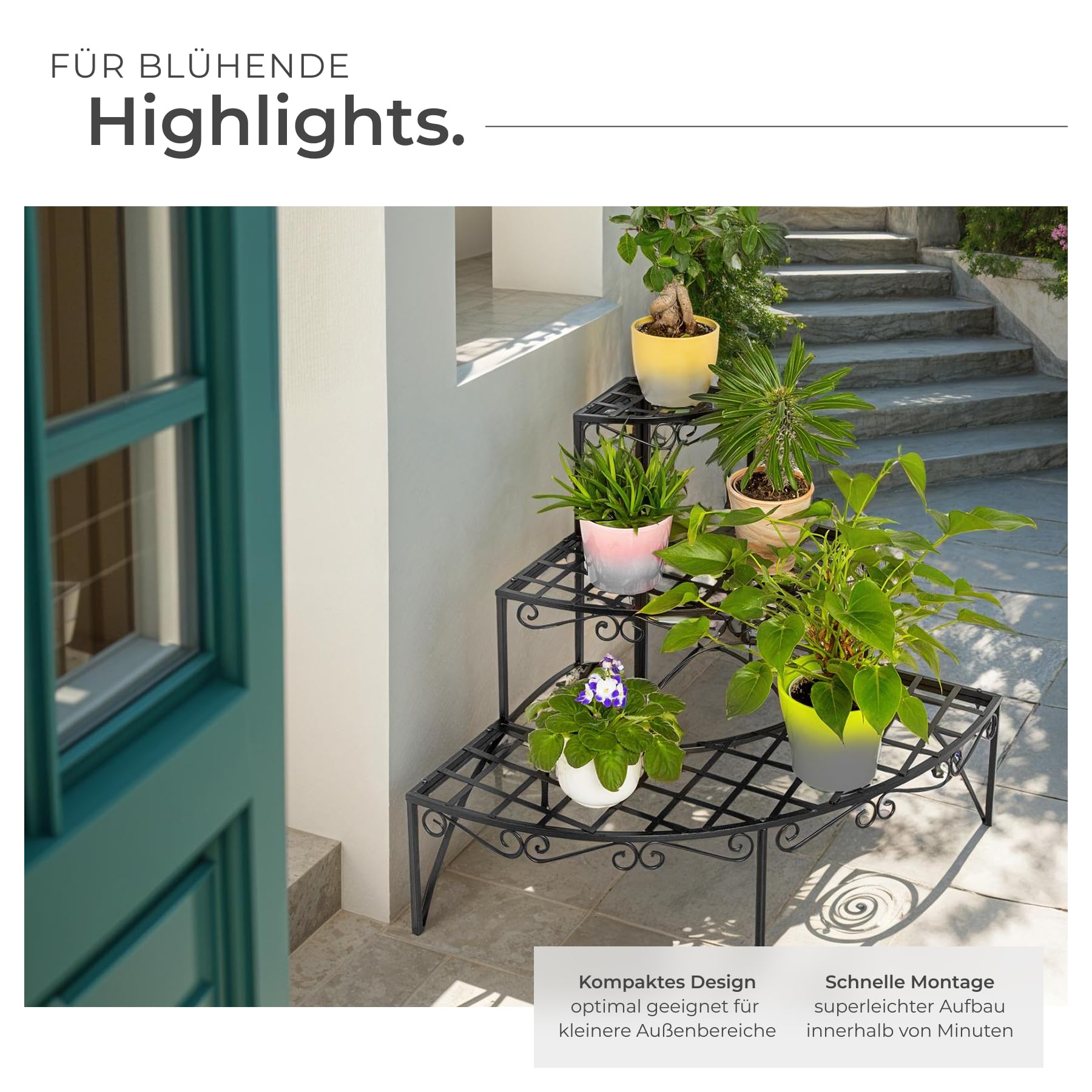 tectake® Pflanzentreppe, Blumenständer Metall, Blumenbank, Blumentreppe mit 3 Stufen, Pflanzenregal, Pflanzenregal outdoor, Blumenregal, Blumenhocker ca. 60x60x60cm (Stufen rund| Nummer 401712)