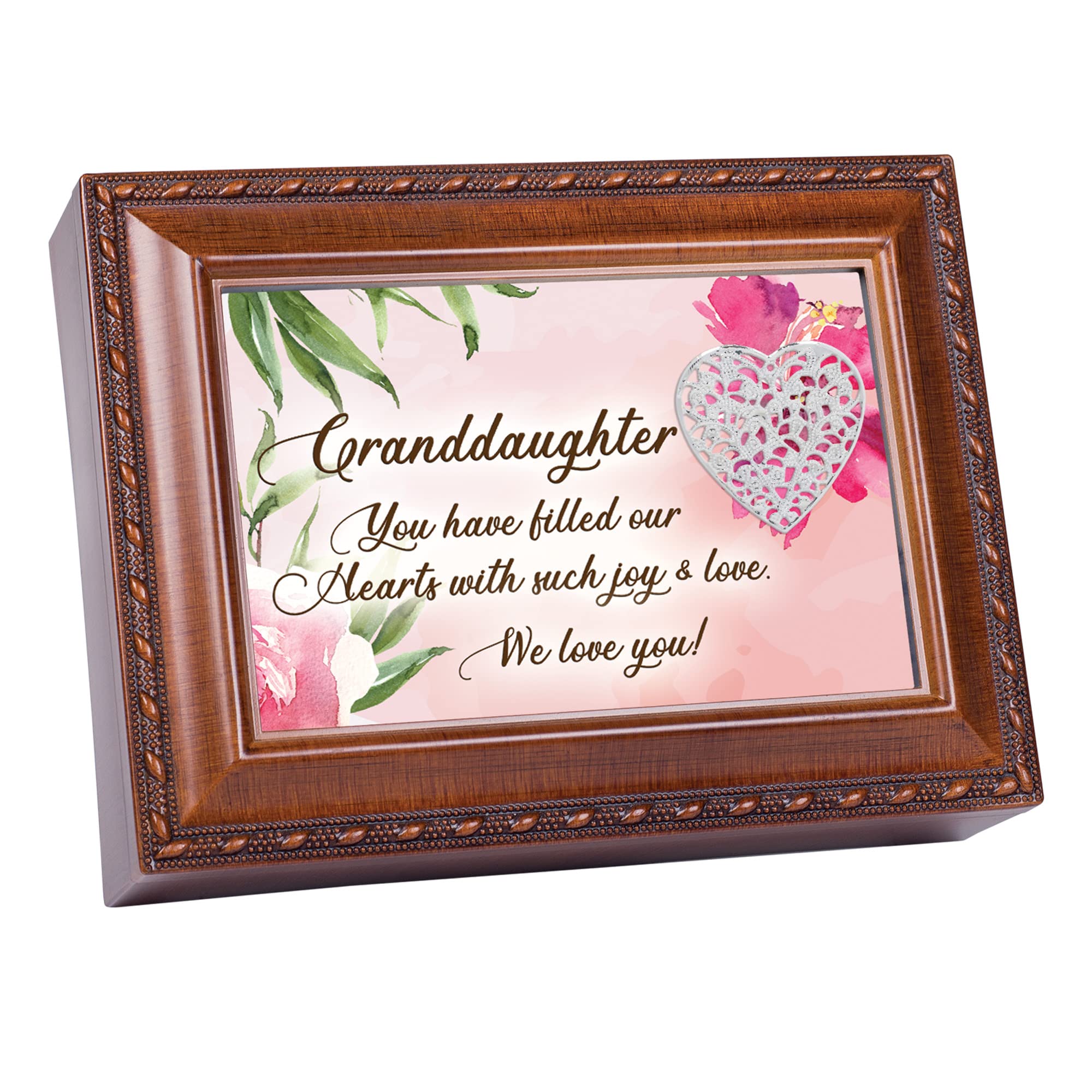 Cottage Garden Granddaughter Joy and Love Rope Trim Woodgrain Music Box Plays Tune You Light Up My Life