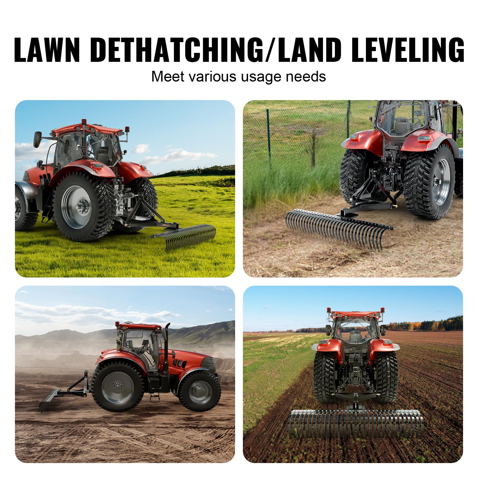 VEVOR Remolque detrás de la Escarificadora, 759,5 x 678,2 x 482,1 mm con 36 Púas de Acero, Rastrillo de Césped de 3 Puntos con Accesorios para Tractor, Rastrillo de Paisaje para Jardín, Granja, Césped
