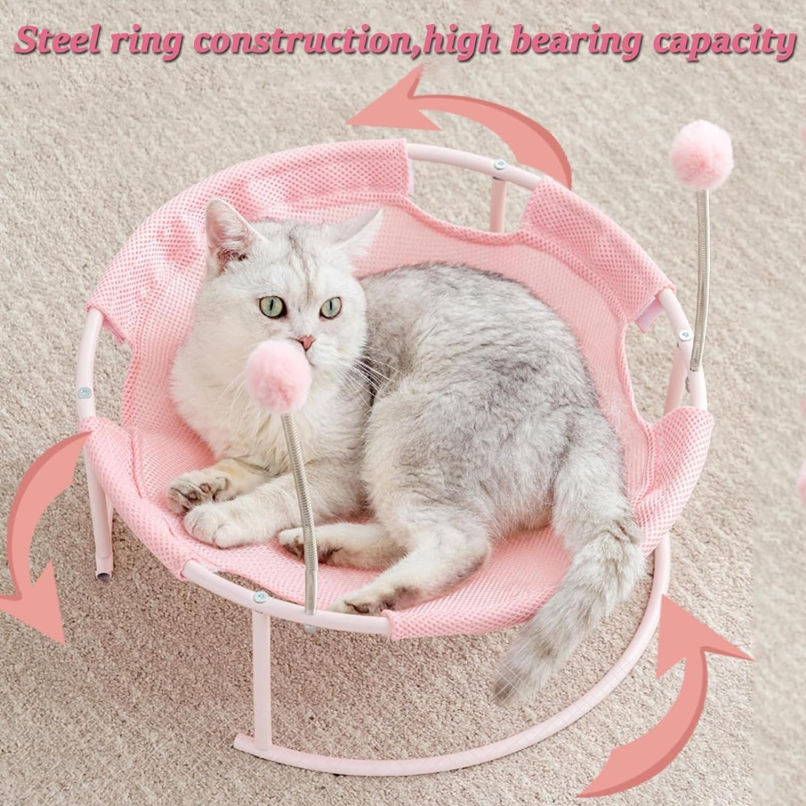emily pets Mesh Cats Hammock Bed Breathable for Kittens with Dangling Spring Ball Stable Steel Frame Detachable and Washable Cover (Color May Vary) 3