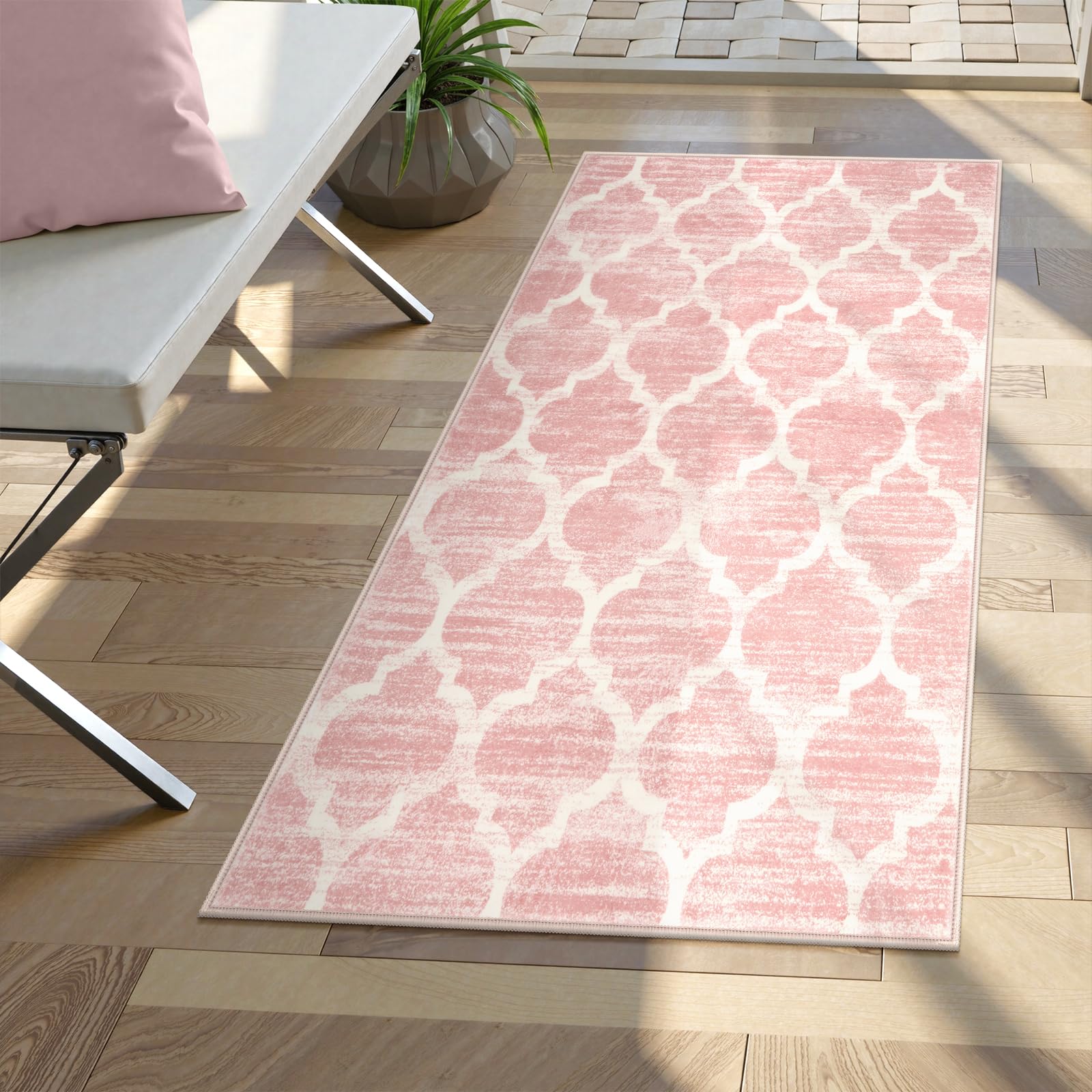Lahome Moroccan Pink Bathroom Rug - 2x4 Runnr Rug Washable Kids Nursery Rugs Small Soft Girl Dorm Non-Slip Modern Throw Carpet Runner for Entryway