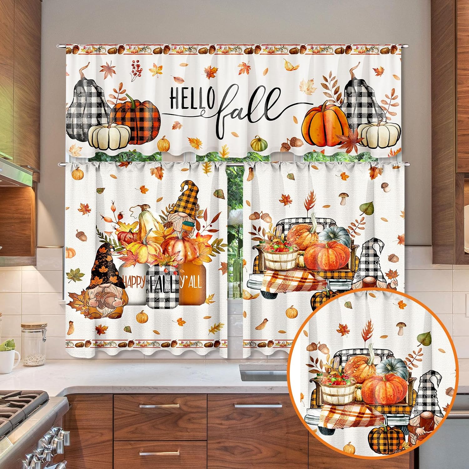 Breling 3 Pcs Fall Thanksgiving Buffalo Plaid Pumpkin Curtains Valances and Tiers Set for Windows Pumpkins Maple Leaf Kitchen Decor Short Curtain Set for Bedroom Treatment Decor Party Favor Supplies