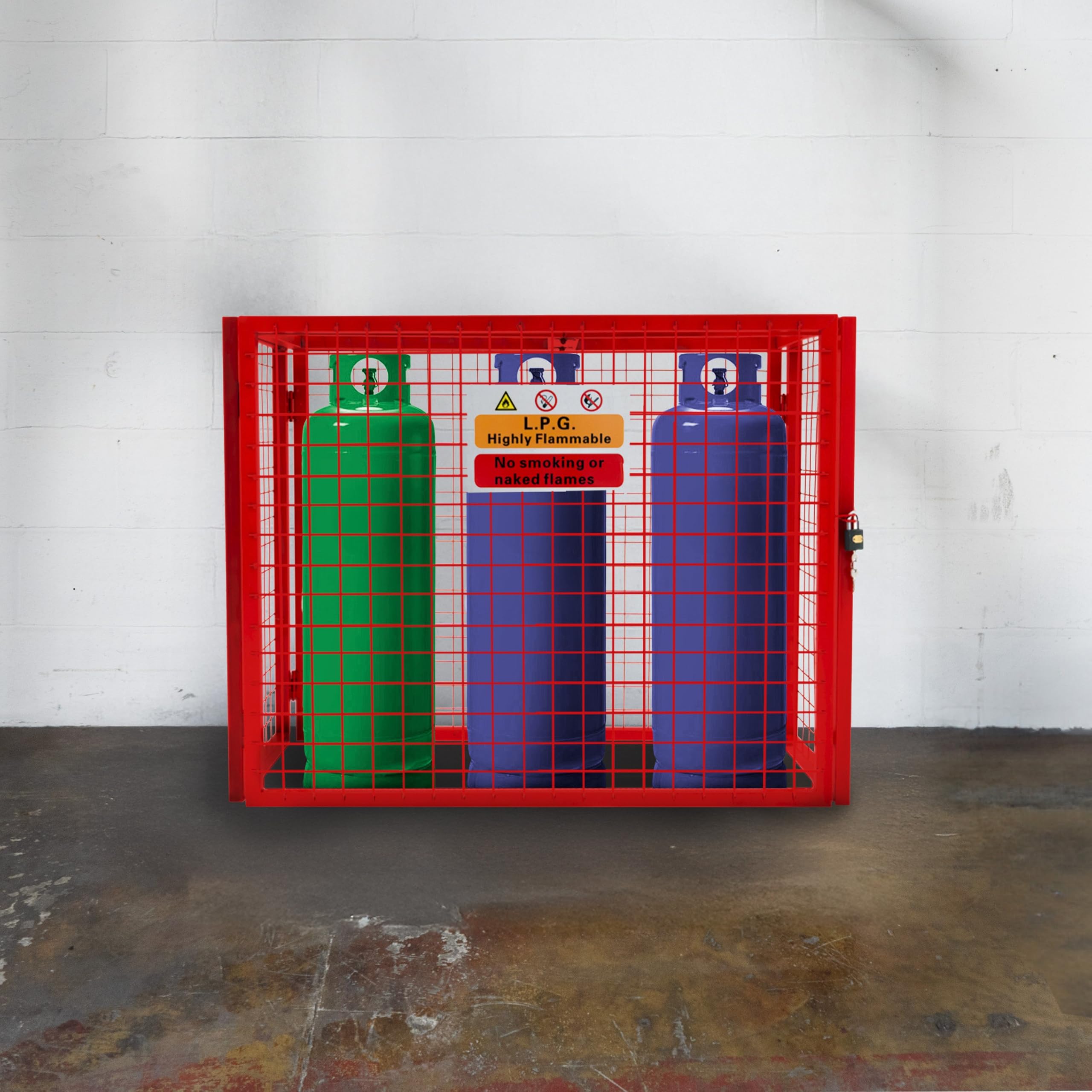 Cage Métallique de Rangement Gaz Acier Rouge - 100 x 140 x 50 cm Butane Propane Intérieur Extérieur Coffre Sécurisé 3 x 19 kg [Autocollant Sécurité, Cadenas & Clés INCLUS]