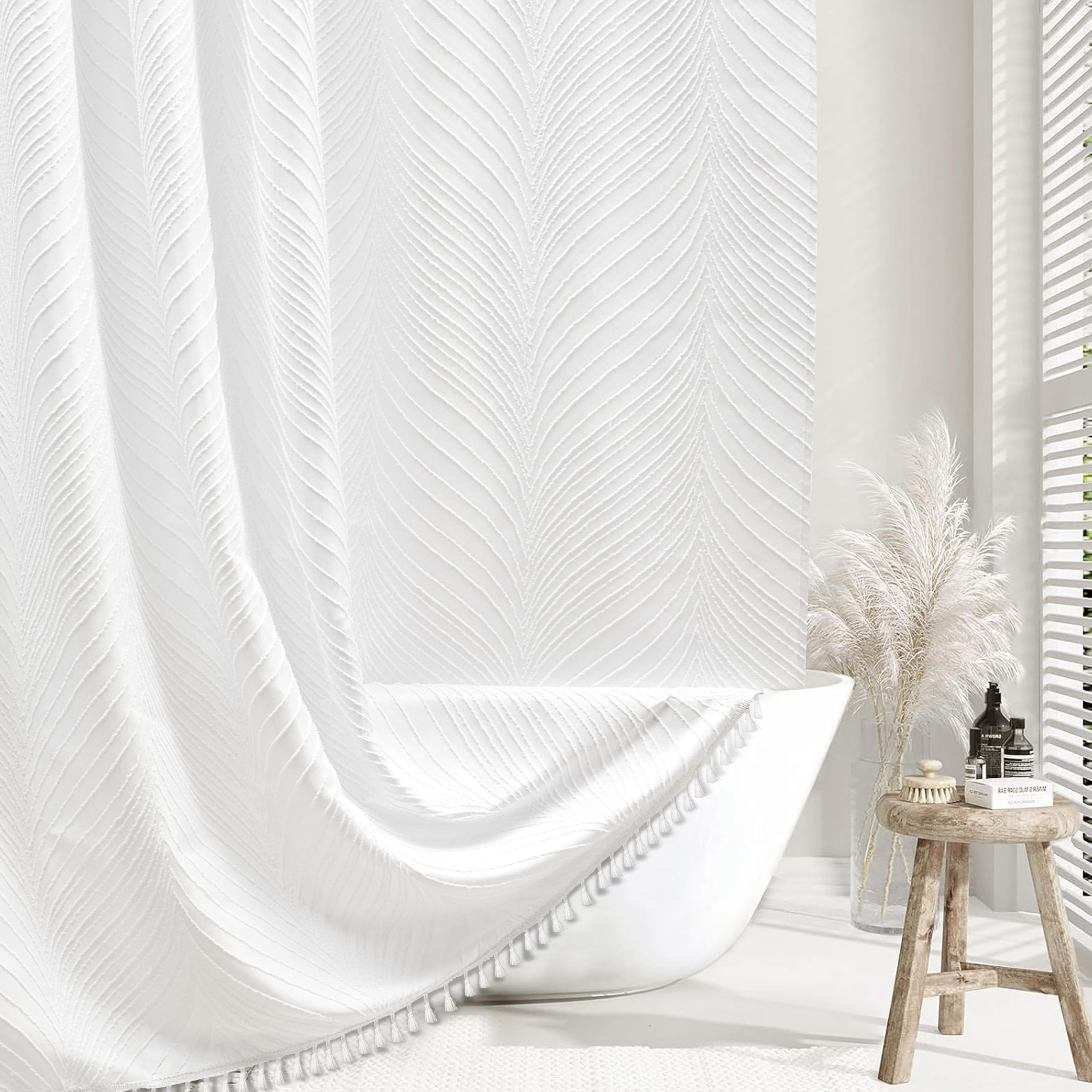 Siiluminisoy White Boho Shower Curtain Fabric - 72"x72" White Cloth Shower Curtain with 12 C-Hooks, Elegant Cute Textured Bathroom Shower Curtains