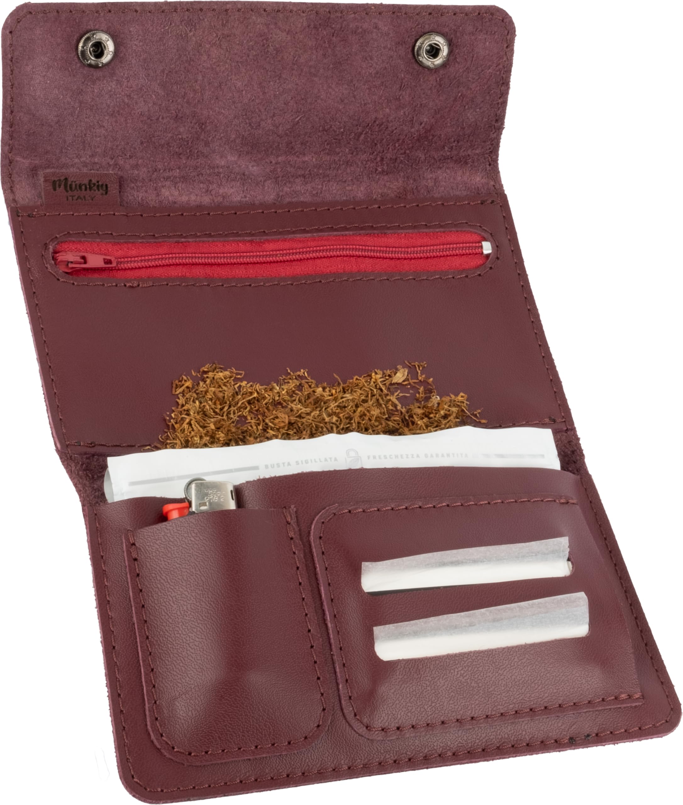Portatabacco in Vera Pelle Personalizzabile con incisione - Astuccio con tasche e zip per tabacco, cartine e filtri - Regalo Made in Italy con scatola in metallo (Borgogna)