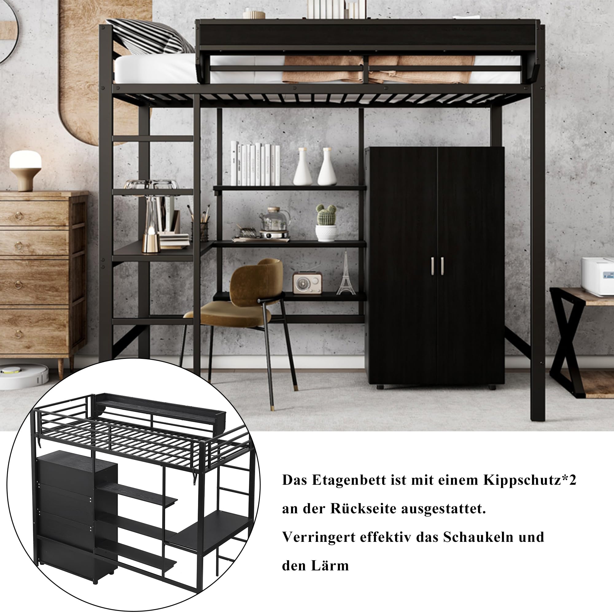 Merax Letto a soppalco 90 x 200 cm con scrivania, armadio e scaffalatura, robusto letto a castello in metallo con rete a doghe e protezione dalle cadute, salvaspazio, letto a castello, letto a