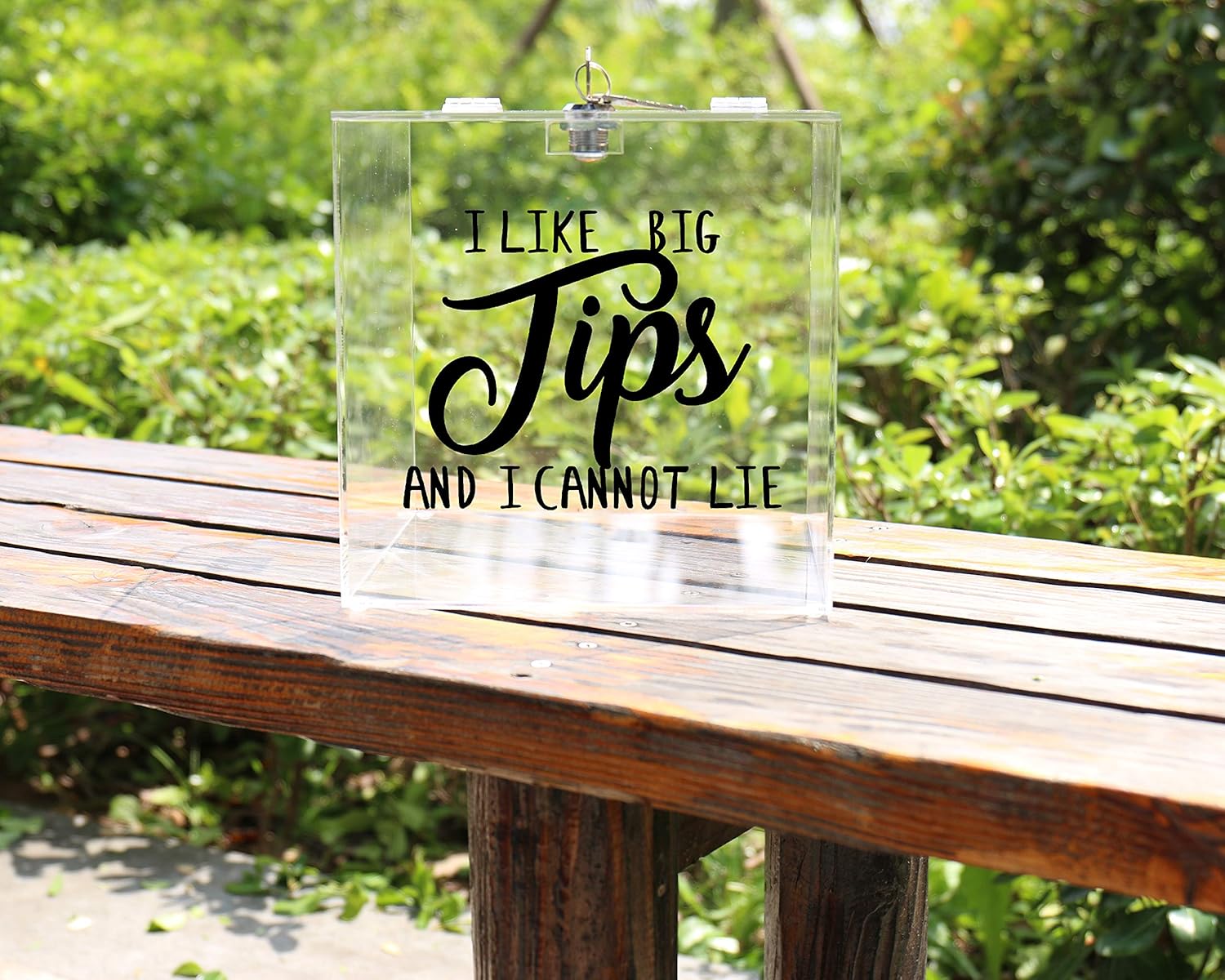 Acrylid Card Box for Tips with Hinged Lid Lock and Key, 8" Crystal Display Money Cash Fundraising Party Favor Holder Keepsake Thank You Cards (Black Text)