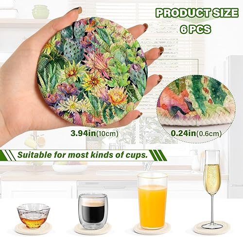 Miniatura 3 de Cactus Flower Coasters for Drinks Set of 6 Woven Drink Coaster Set Absorbent for Tabletop Protection Home Coffee Table Decor
