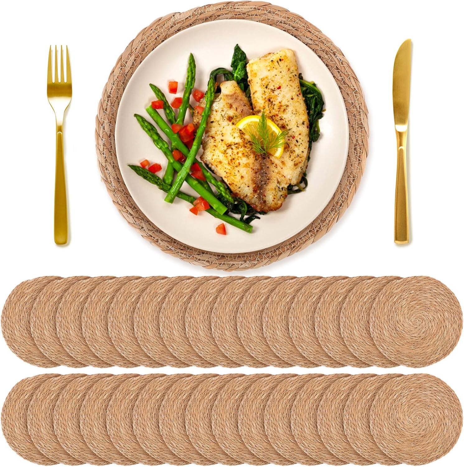 30 PCS Round Bulrush Woven Placemats 12 Inch Boho Rattan Chargers for Dinner Plates Natural Hand Weave Table Mats Rustic Wicker Braided for Farmhouse Home Wedding Party Outdoor Christmas Decor