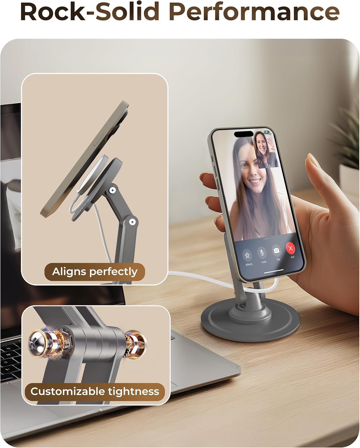 iPhone on COOPER 360 MagBase Stand showing perfect alignment and customizable tightness