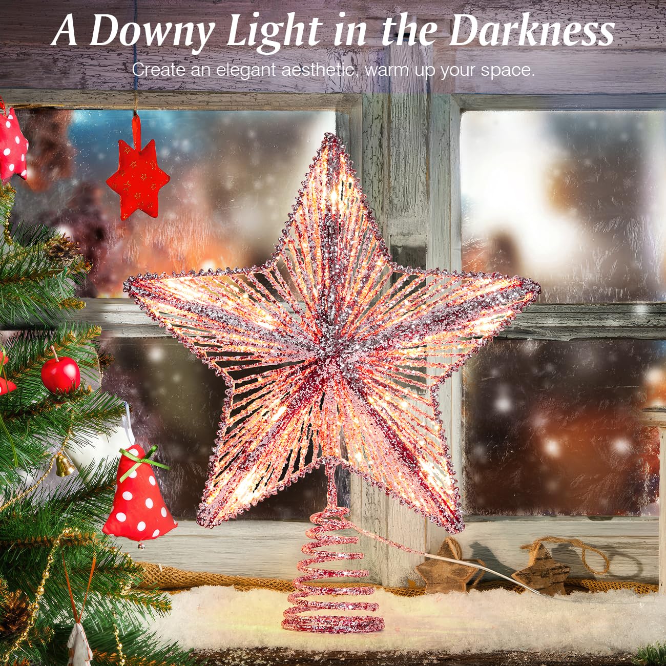 Lewondr Christmas Star Tree Topper, USB Powered Remote Controlled 6H Timer Tree Star with Lights and Sequins, Christmas Tree Topper Lighted for Home Holiday Xmas Tree Christmas Decoration, Pink