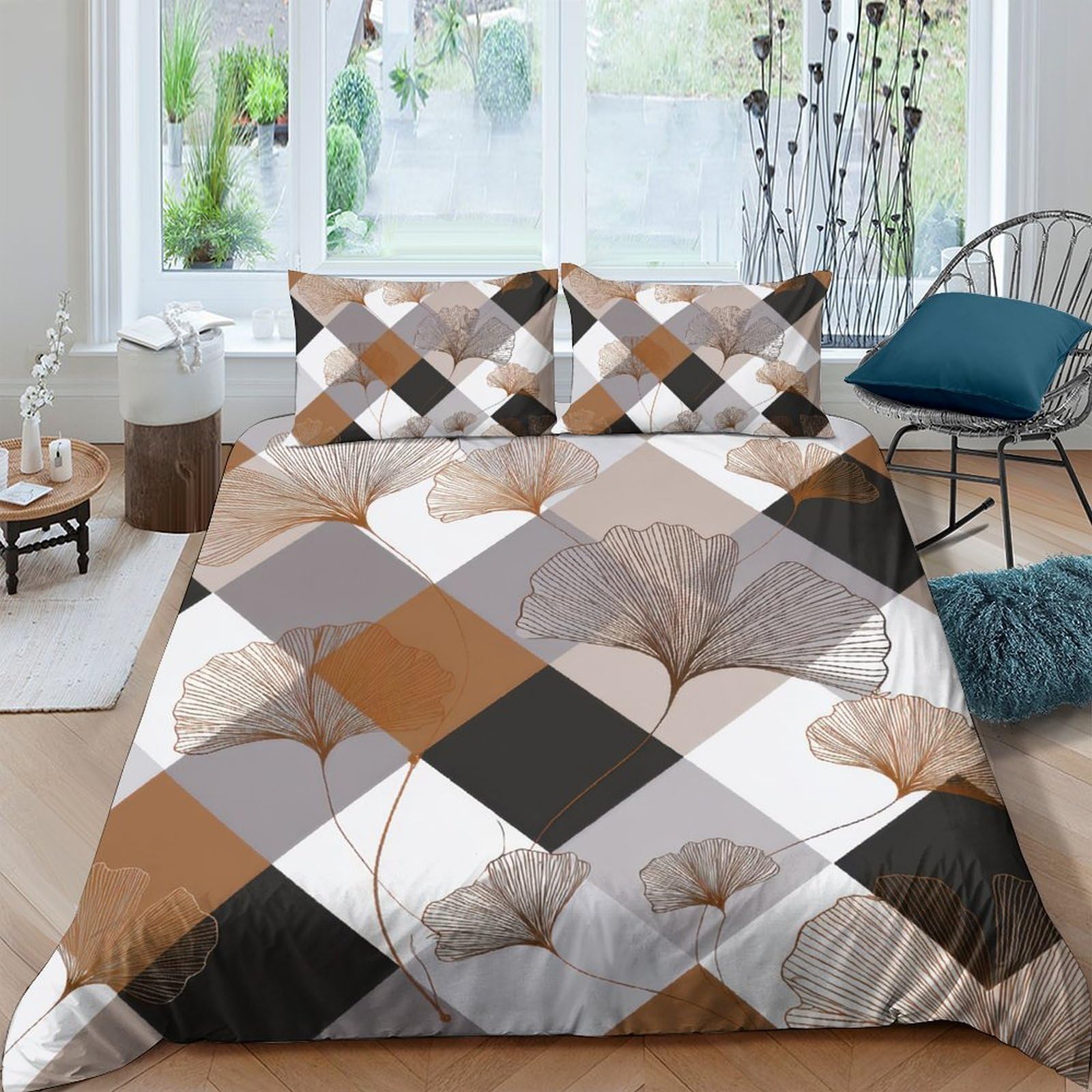 GPLZQXKJNH 3D Printed Geometric Patchwork Duvet Cover Microfiber Soft Breathable Brown Grey Quilt Cover Set with 2 Pillowcases for Bedroom Home Single（135x200cm）
