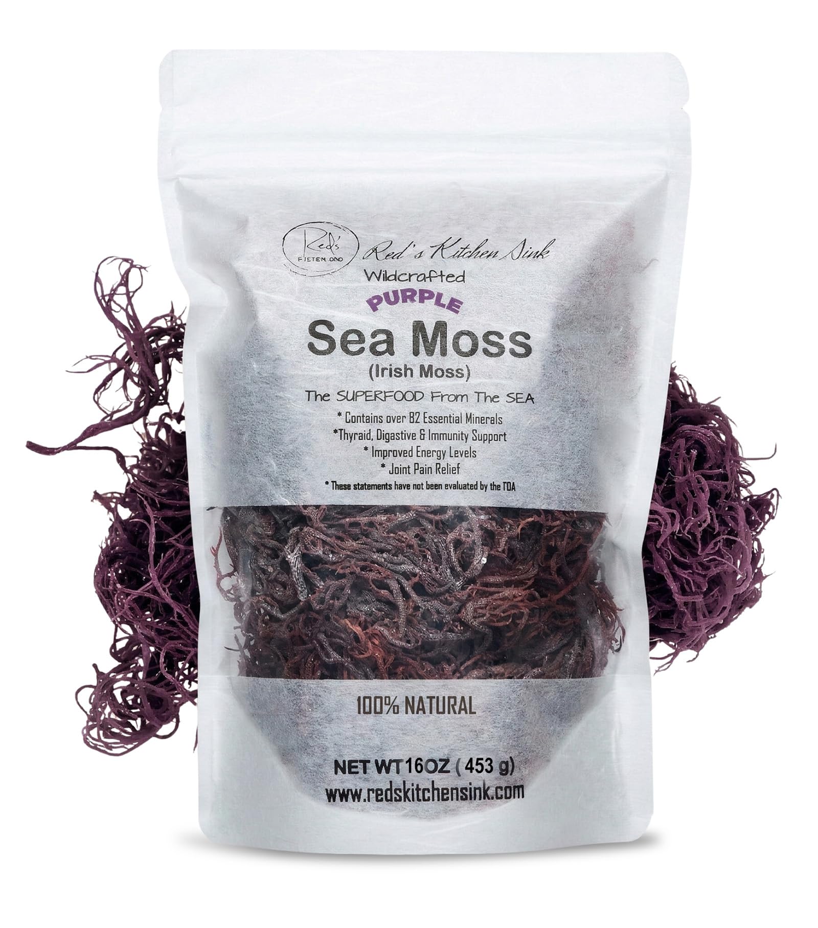 Raw Wildcrafted Purple Sea Moss 1 Pound, St. Lucia Shade-Dried Seamoss, Natural Ocean Harvested Whole Purple Moss