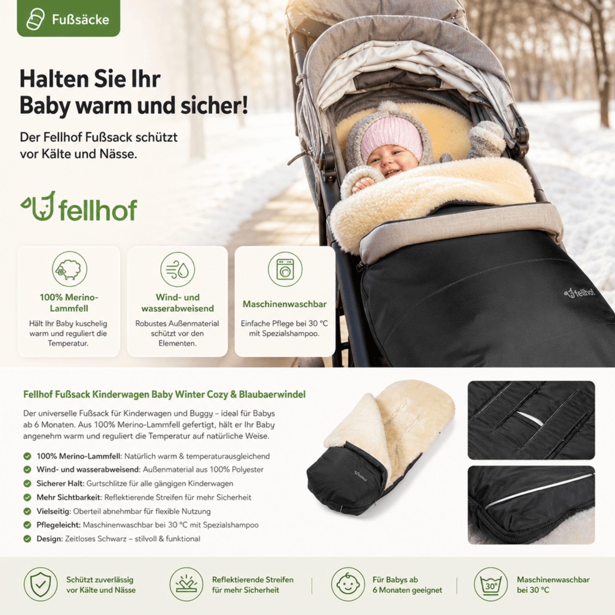 Fellhof Fußsack Kinderwagen Winter Cozy, Blaubär | Kinderhaus Blaubär: universell als Fußsack für Buggy, Sportwagen, Kinderwagen, ab 6 Monaten