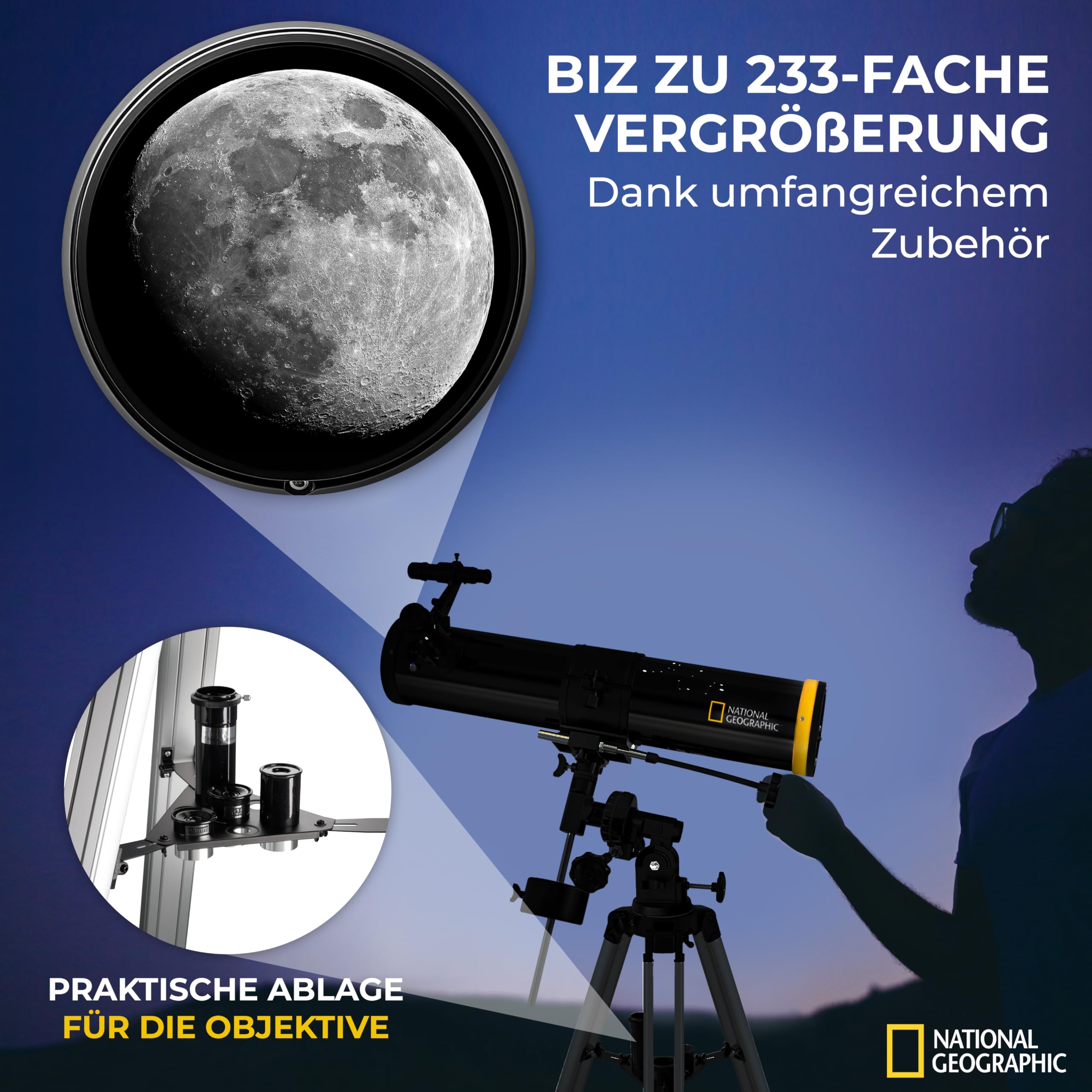 National Geographic 76/700 - Reflector telescopio para Principiantes, 76 mm, Montaje ecuatorial, Incluye Soporte para Smartphone y trípode