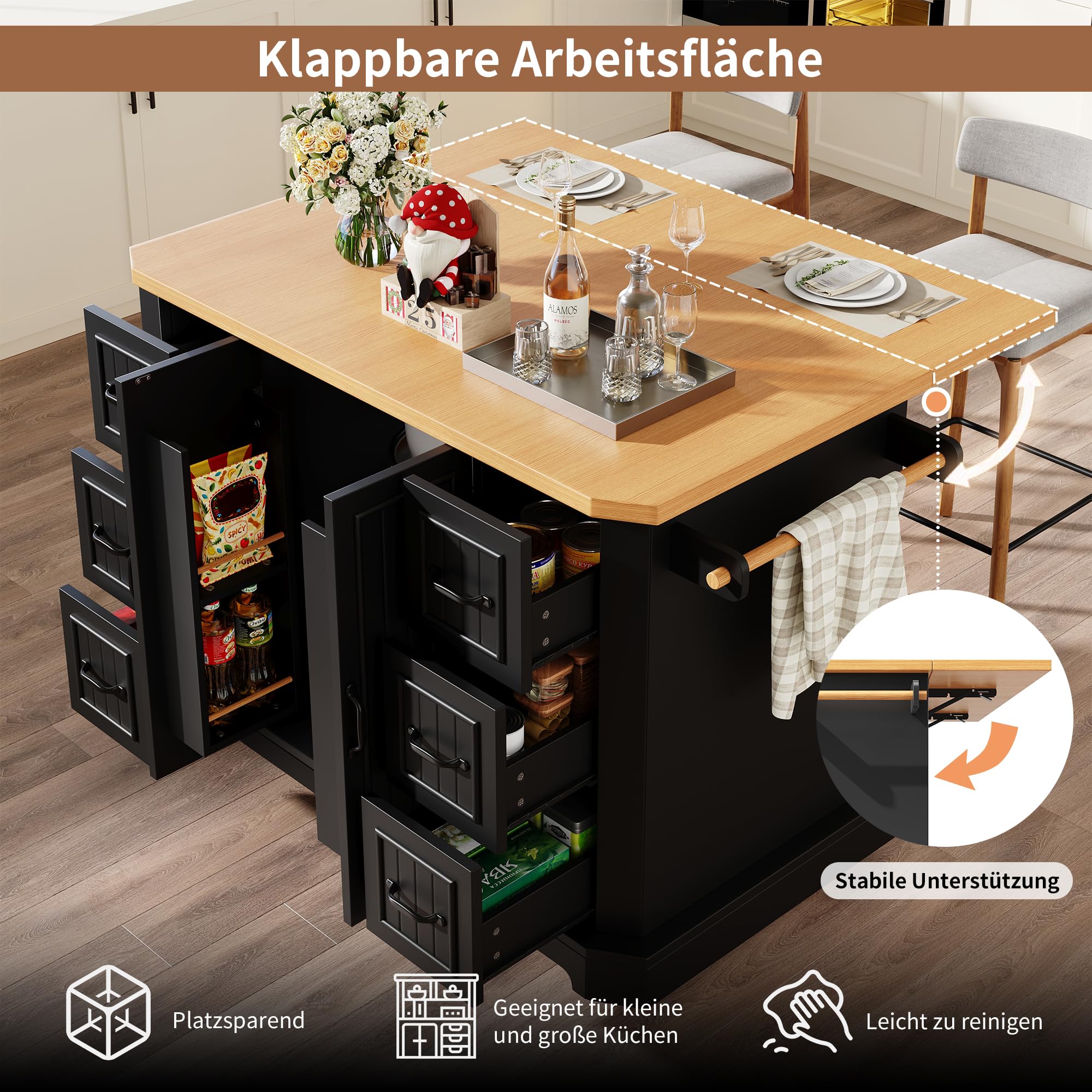 Merax Kücheninsel mit Klappbarer Arbeitsplatte, Mobiler Küchenschrank auf Rollen, Küchenwagen mit 2 Türen & 6 Schubladen, Integrierte Snack-Regale, Servierwagen für Küche & Esszimmer, Schwarz