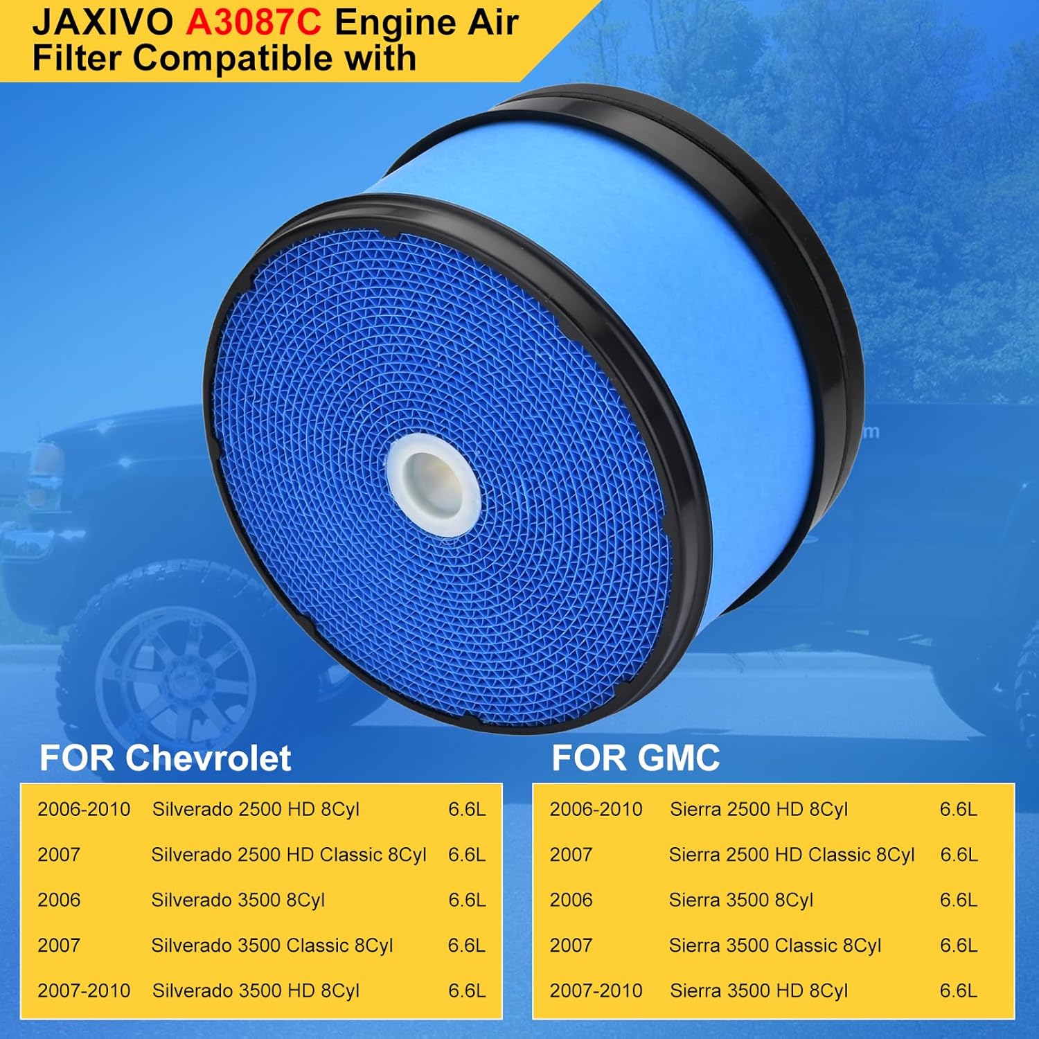 A3087C Engine Air Filter Compatible With 06-10 Silverado/Sierra 2500HD,07-10 Silverado/Sierra 3500HD,07 Silverado/Sierra 2500HD 3500 Classic, 6.6L 8Cyl Replaces P610875