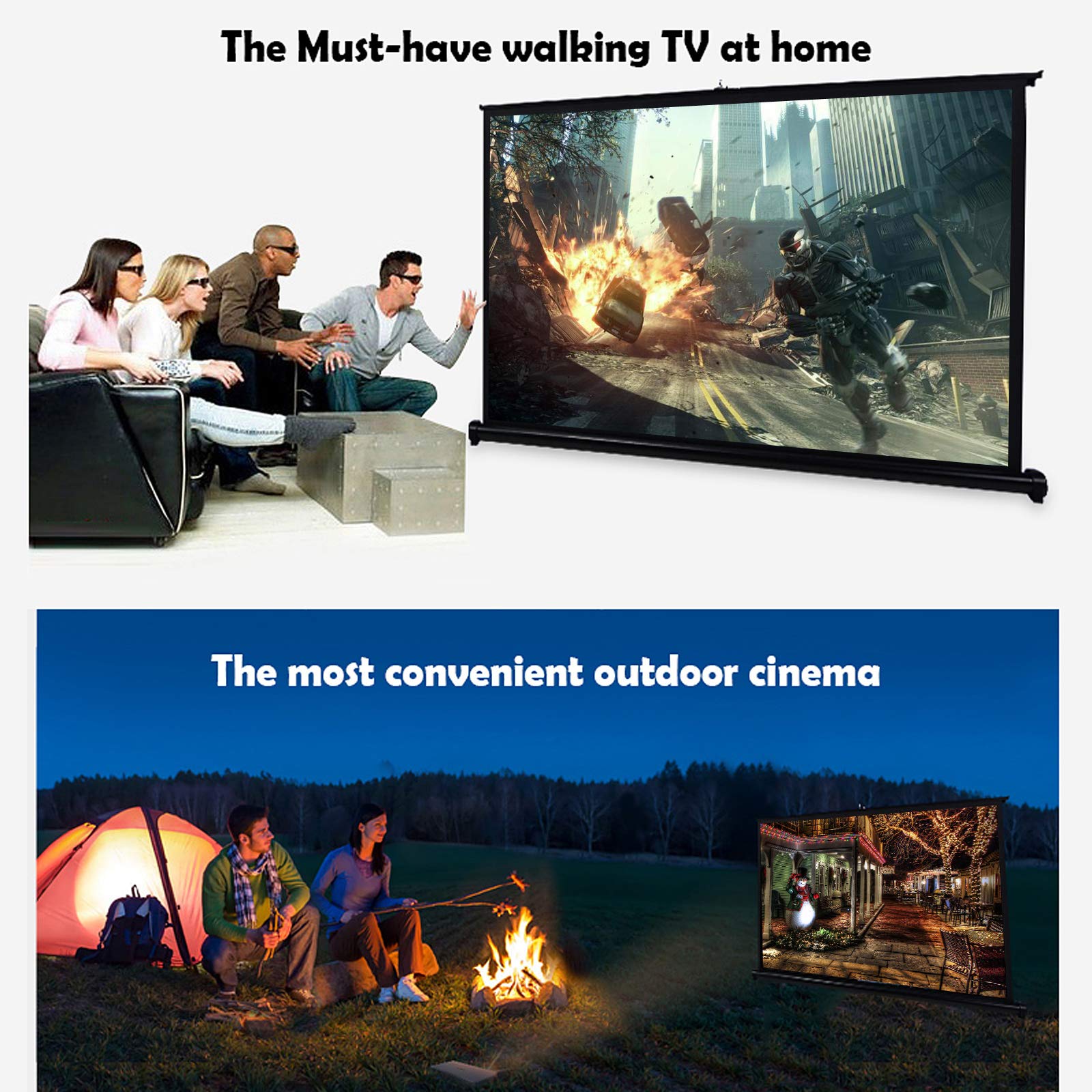Ręcznie podciągany ekran projektora, kino domowe 4K Ultra HD 3D gotowy przenośny ekran łatwy do przenoszenia do prywatnego kina, spotkania (50"-16:9)