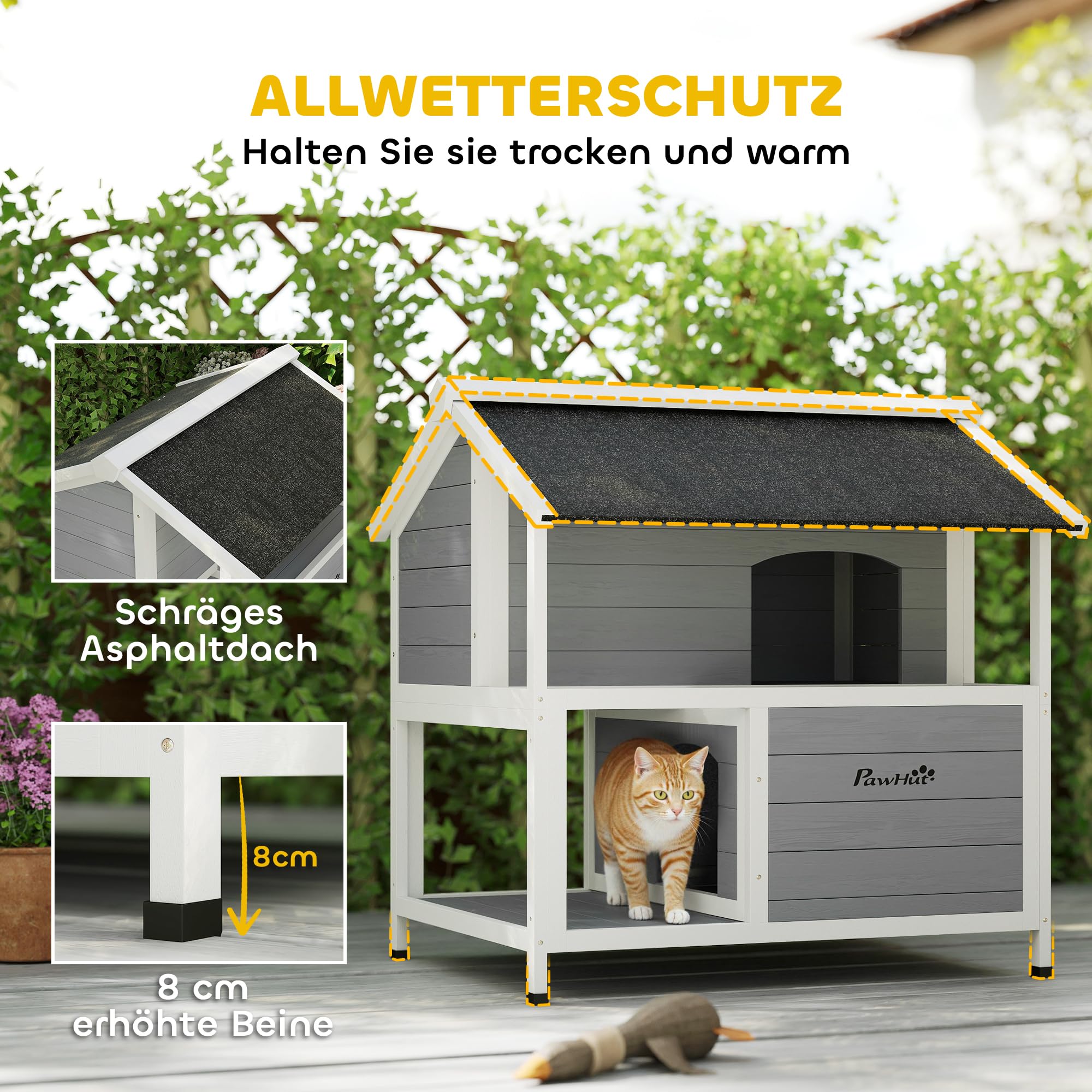 PawHut Katzenhaus aus Holz Winterfeste Katzenhöhle 80 x 93 x 95 cm Grau