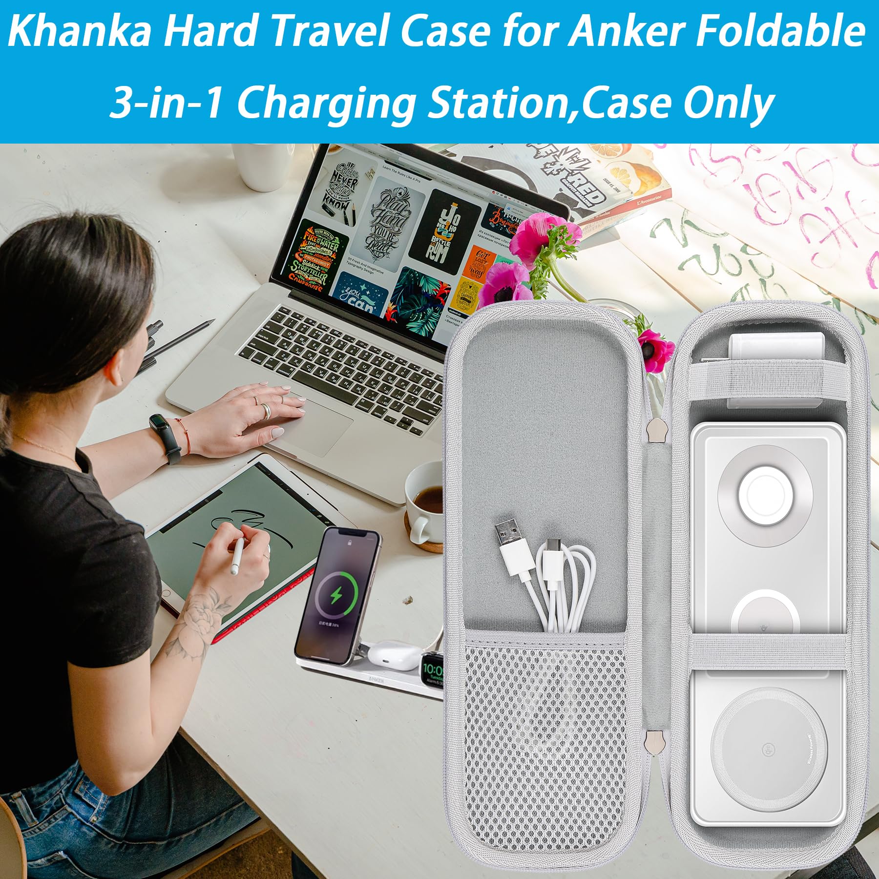 Khanka Hartschalen-Etui Für Anker 3-in-1 Kabellose Ladestation – Faltbar, Qi2, 15 W, Nur Hülle Weiß