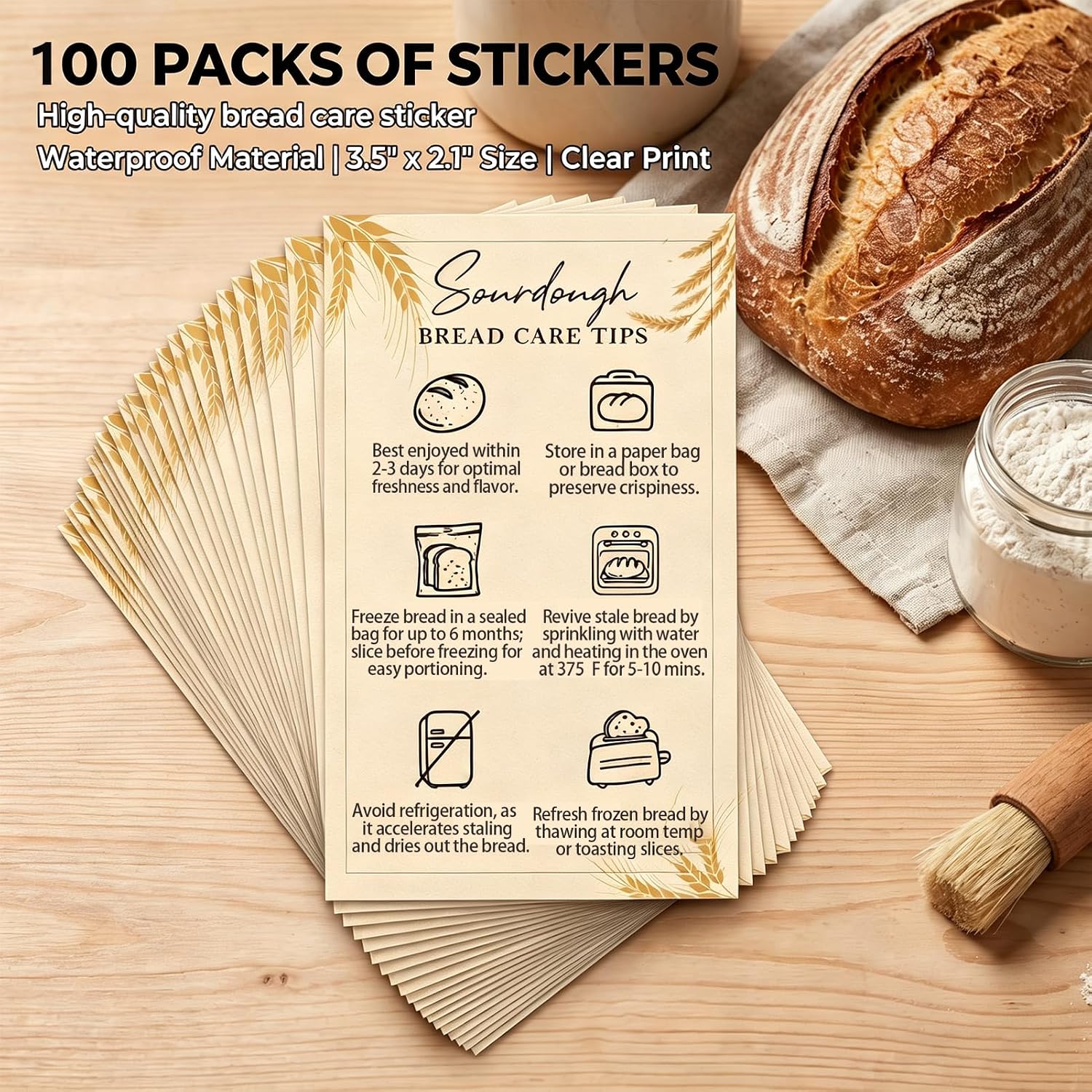 100 Pcs Sourdough Stickers 3.5x2.1 Sourdough Care Instructions Stickers image 2