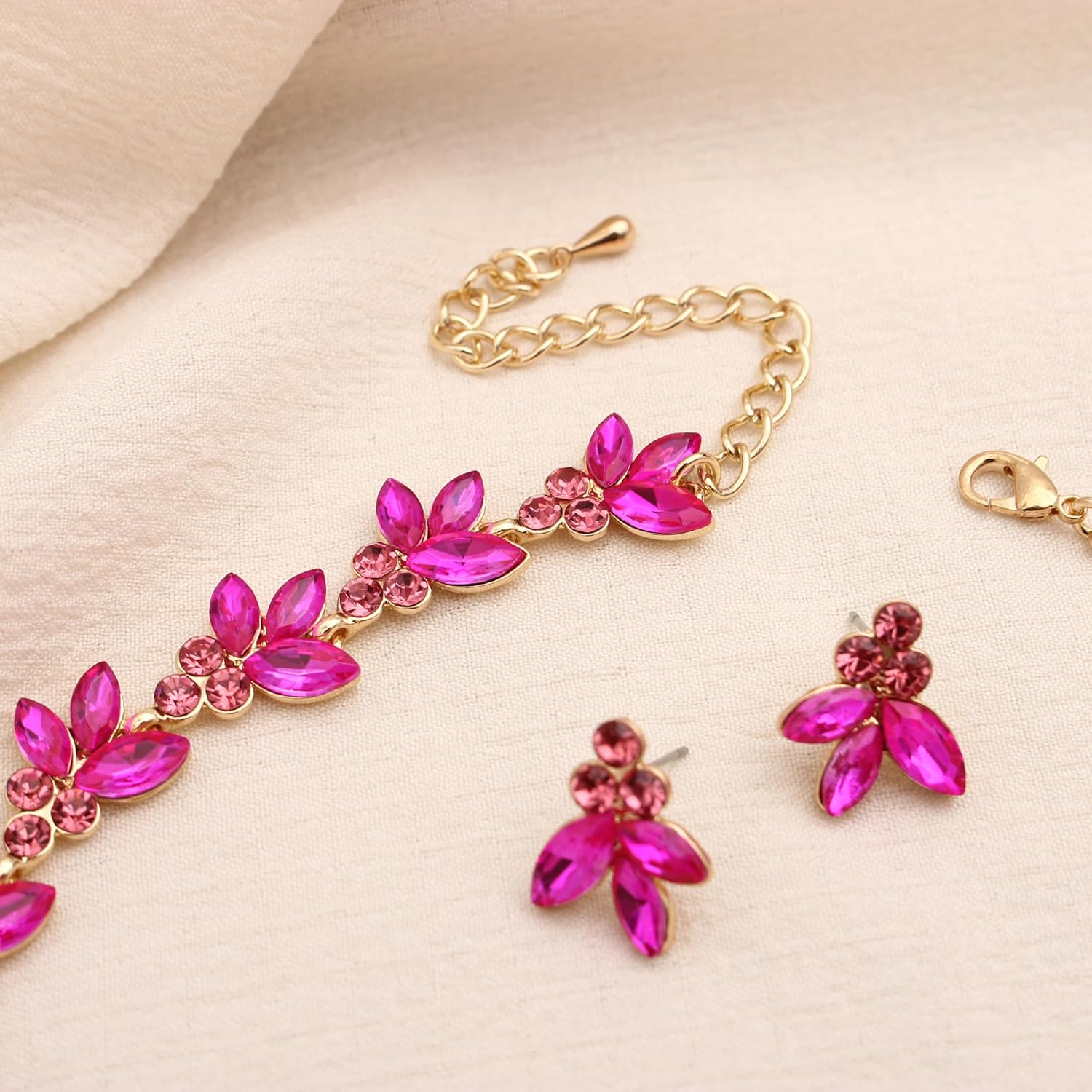 Bridal Wedding Crystal Leaf Choker Necklace Dangle Earring Bracelet Brides Bridesmaid Jewelry Set for Women - Image 6