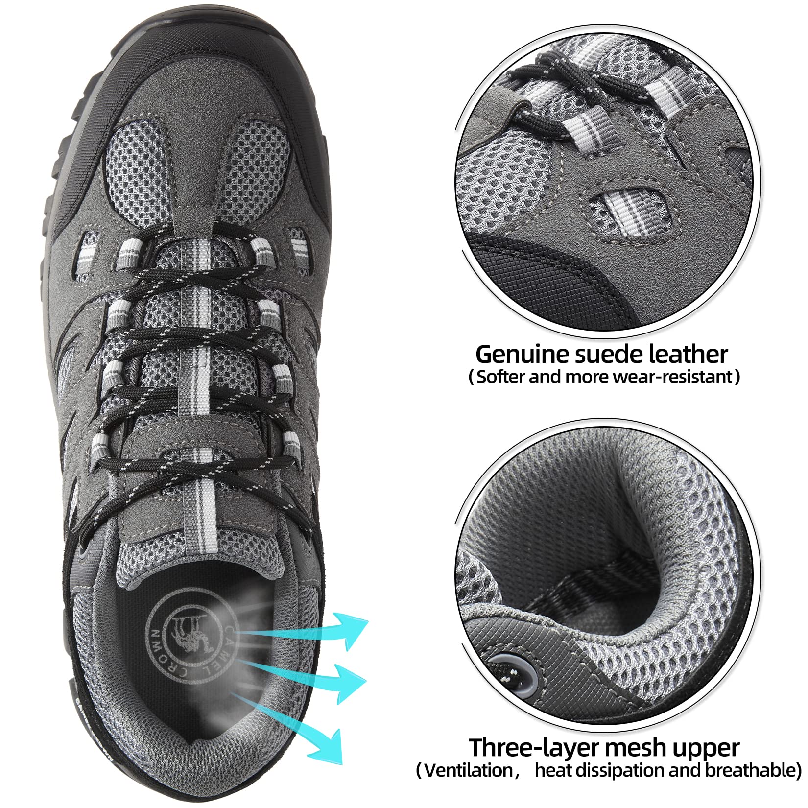 CAMELSPORTS Men’s Hiking Shoes Non-Slip Low Top Breathable Walking Sneakers for Outdoor Work Trekking Trails Dark Grey