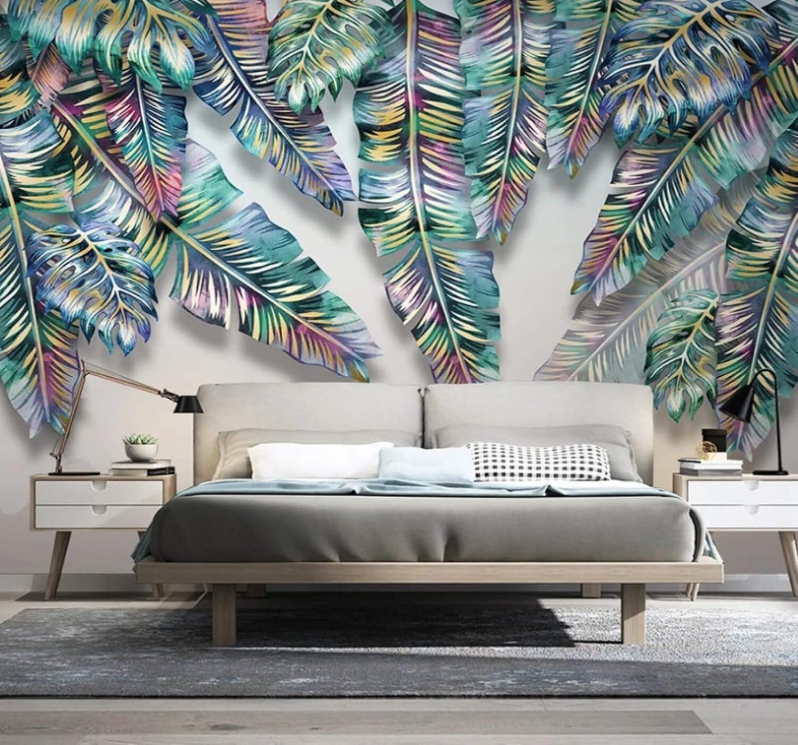 XLMING Minimalist Three Dimensional Colourful Plants Leaves 3D Wallpaper Luxury Silk Study Dining Feature Sofa Grey Bedroom Living Room Tv Decorative Wall-300cm×210cm