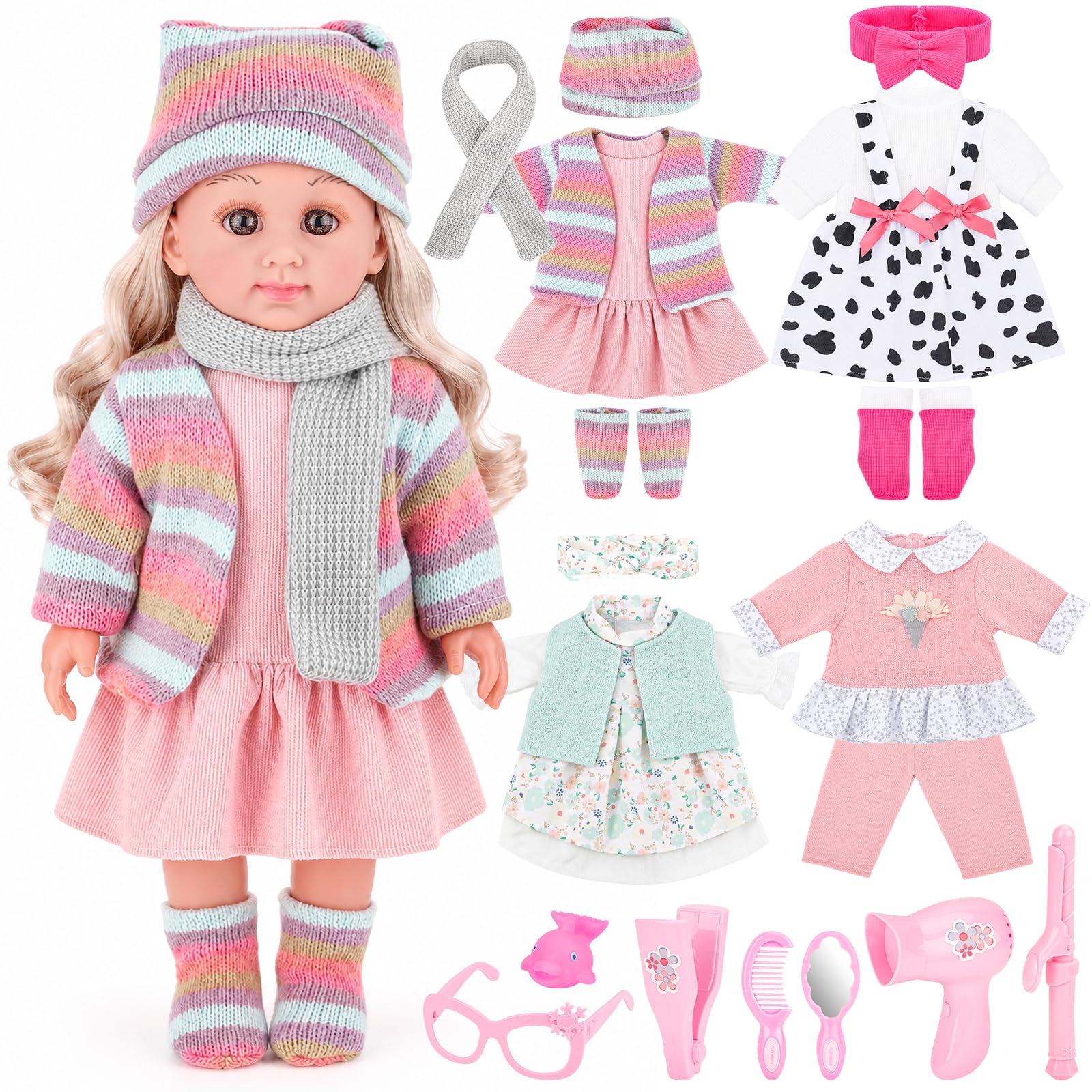 deAO Bambola con Accessori con 4 Vestiti e Kit Parrucchiere
