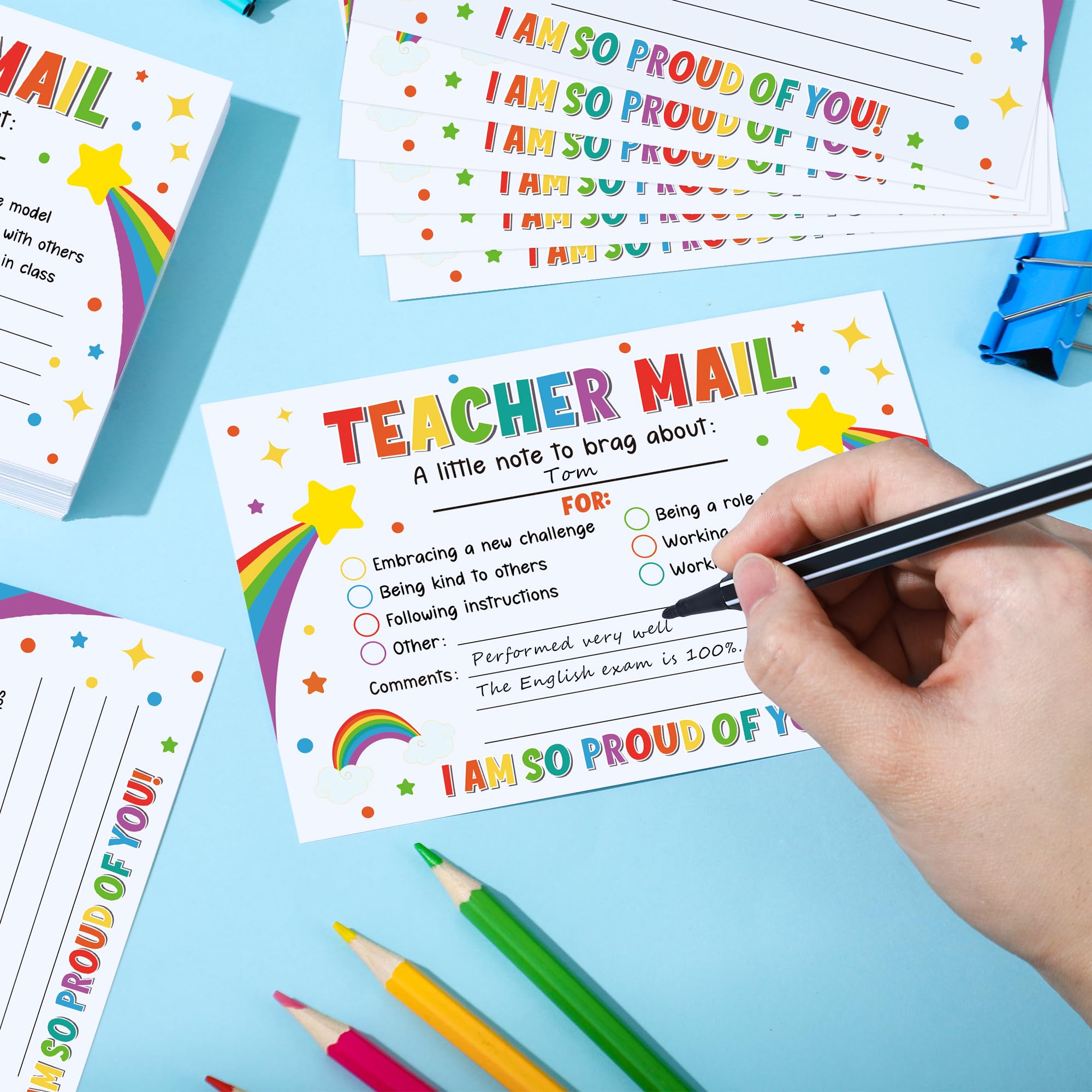 50PCS Colorful Teacher Mail Notes to Parents Rainbow Classroom Good Behavior Incentive Cards Teacher Motivational Postcard to Send Home for Preschool Kindergarten Elementary School Teachers Supplies - Image 4