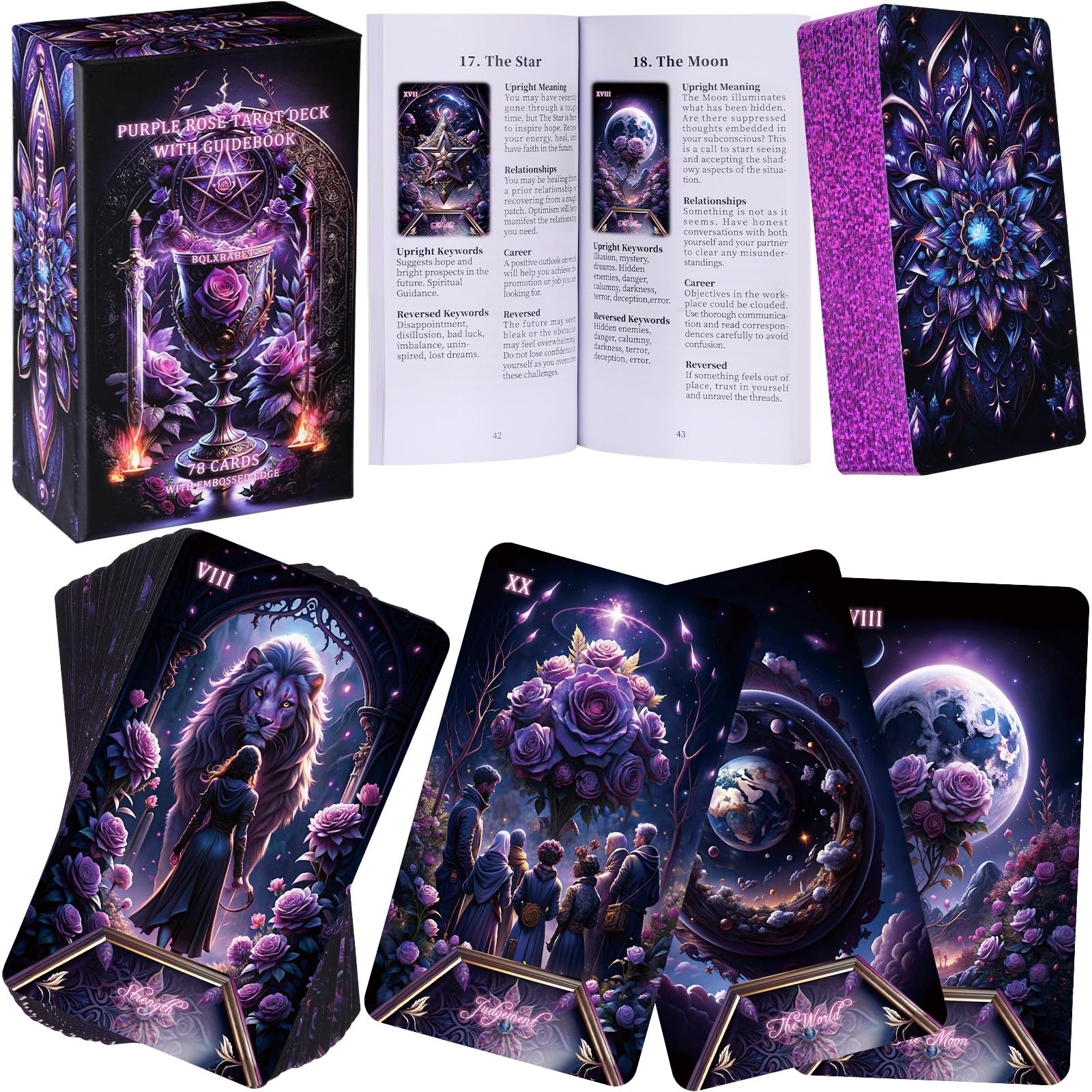BQLXBABLT Tarot Cards Deck for Beginners with Guide Book Pretty Unique 400GSM Thick Purple Rose (Original) Tarot Oracle Cards with Embossed Edge Standard Size (4.75 * 2.75 in)