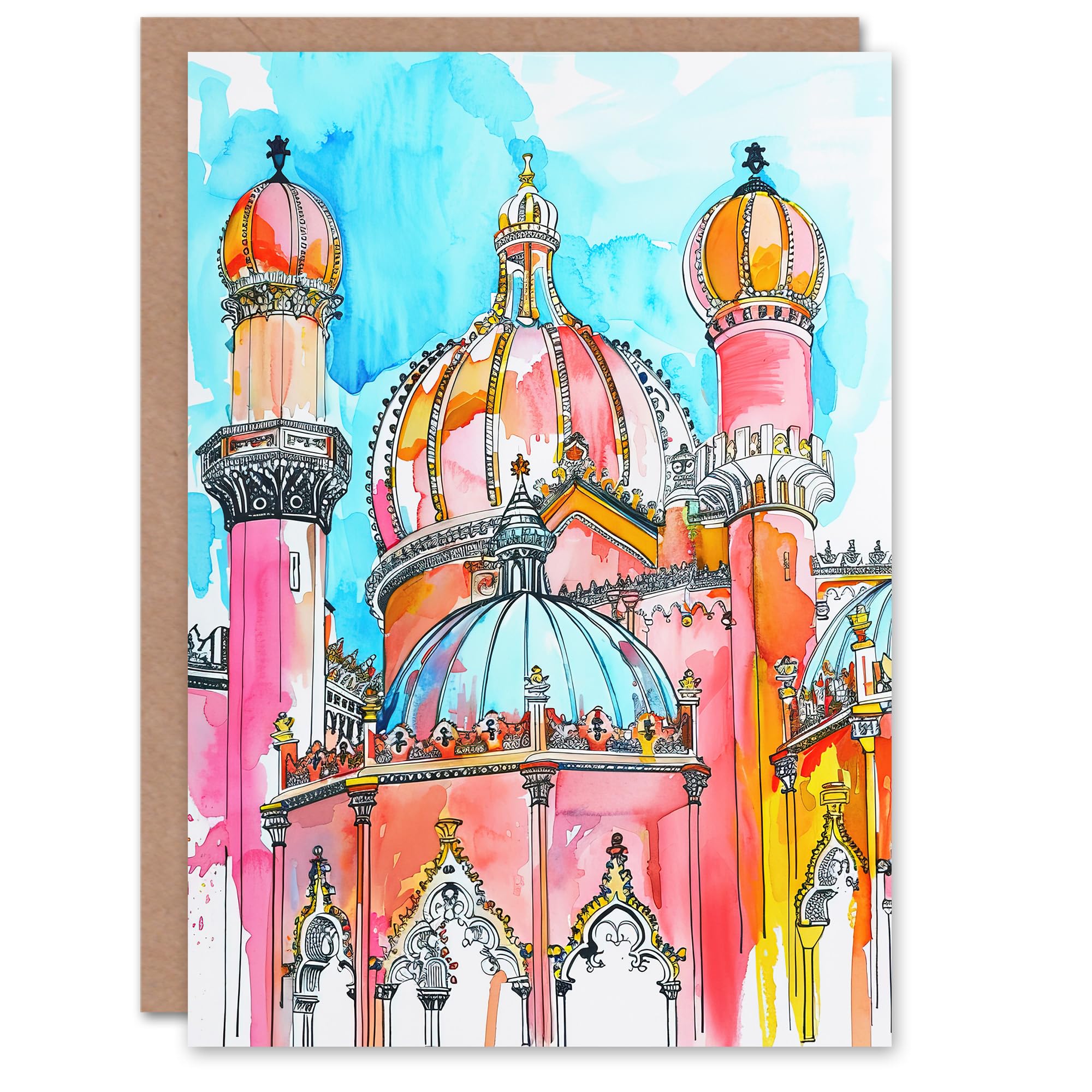 Artery8 Greeting Card Colourful Brighton Royal Pavilion Watercolour Blank For Him Or Her Art Birthday Card