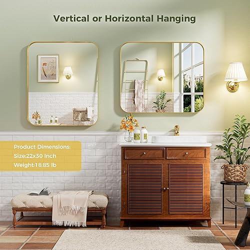 Miniatura 5 de Espejo de baño dorado de 22 x 30 pulgadas, espejo de pared dorado con marco de metal cepillado, espejo rectangular grande y redondeado para baño,