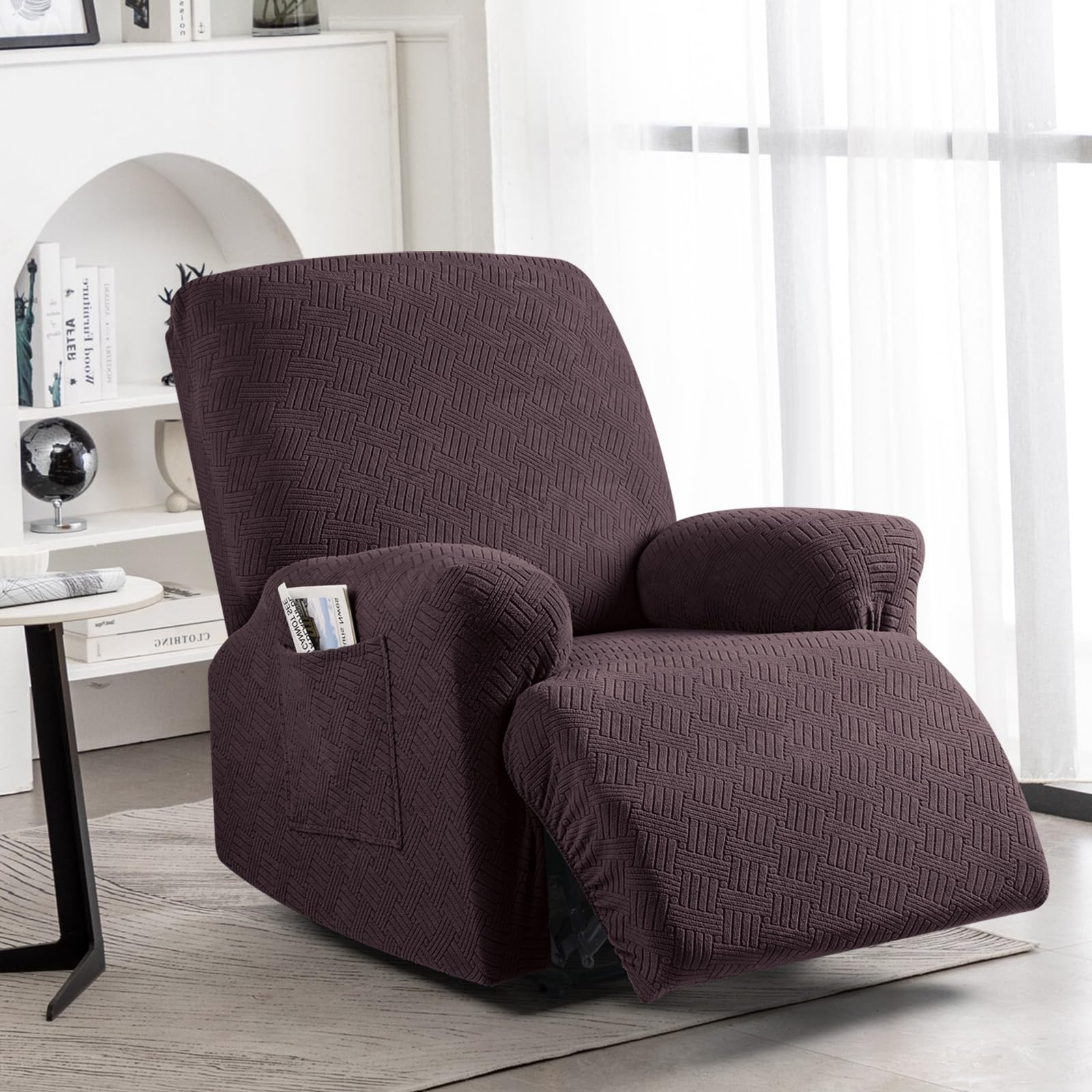 KinCam Stretch sesselschoner mit armlehne, ohrensessel überzu, sesselschoner für relaxsessel und Fernsehsessel, weich waschbar Sofa bezug für Kinder, Hund und Haustieres (1-Sitzer, Kaffee)