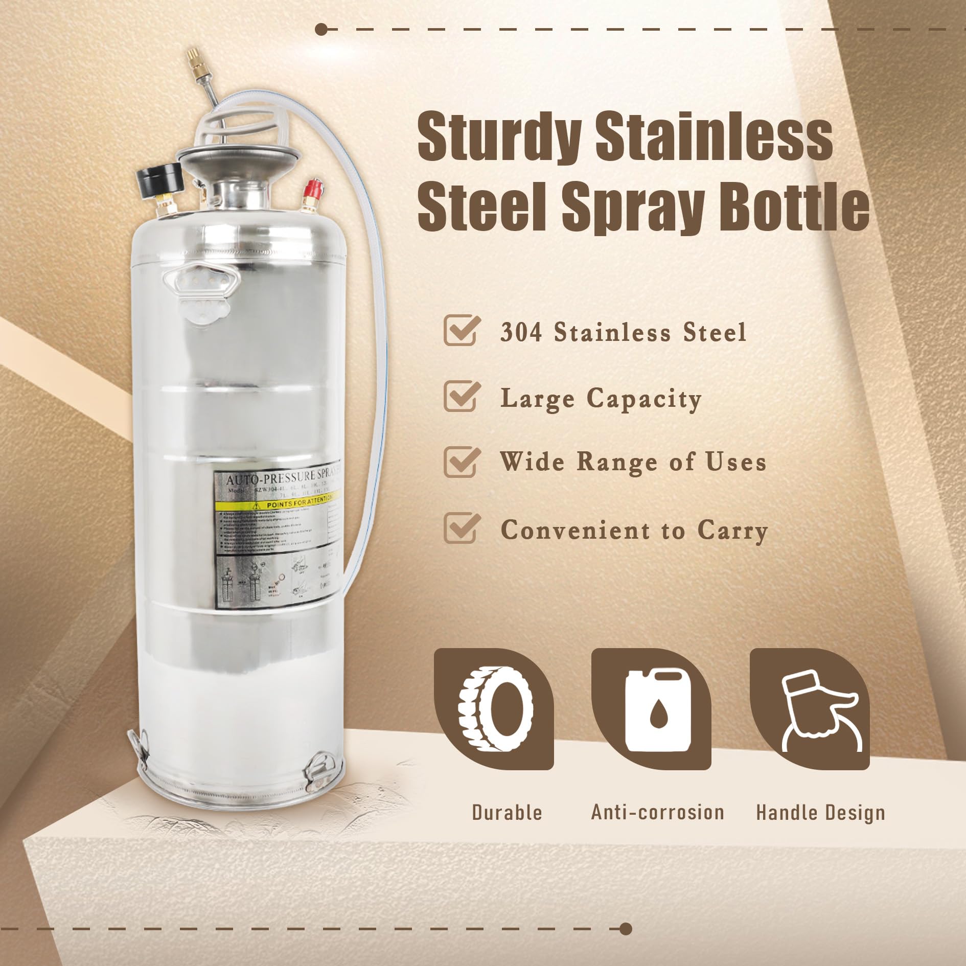 Pulverizador de acero inoxidable de 2 galones, manguera reforzada de 20 varitas y 3 pies, pulverizador de bomba manual resistente con manómetro, válvula de seguridad y boquilla ajustable, para