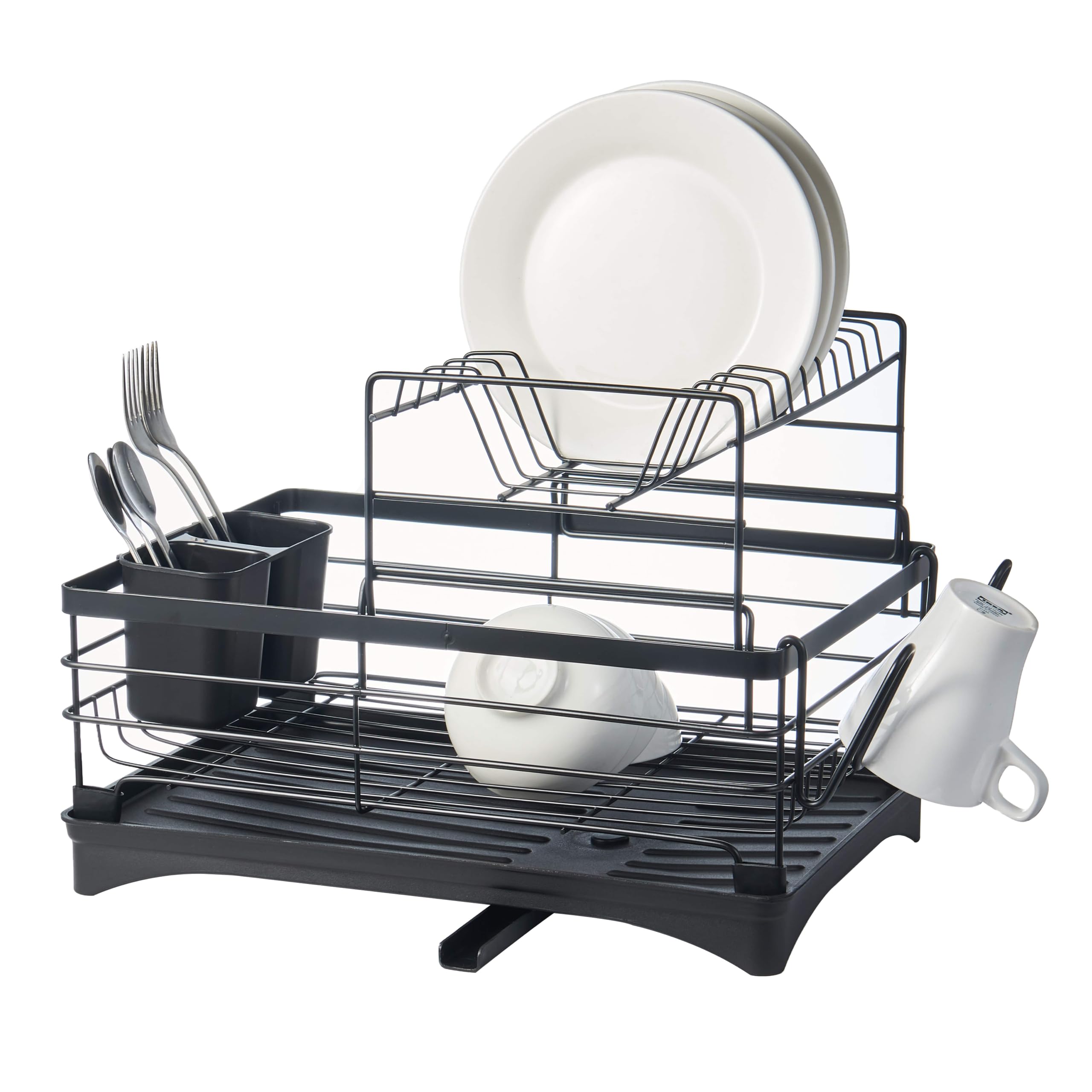 Eden & Willow Black 2-Tier Stainless Steel Dish Drying Rack | Adjustable Drainage Spout & Detachable Cups And Utensils Holder | Rust-Proof Large Dish Drainer For Kitchen Counter