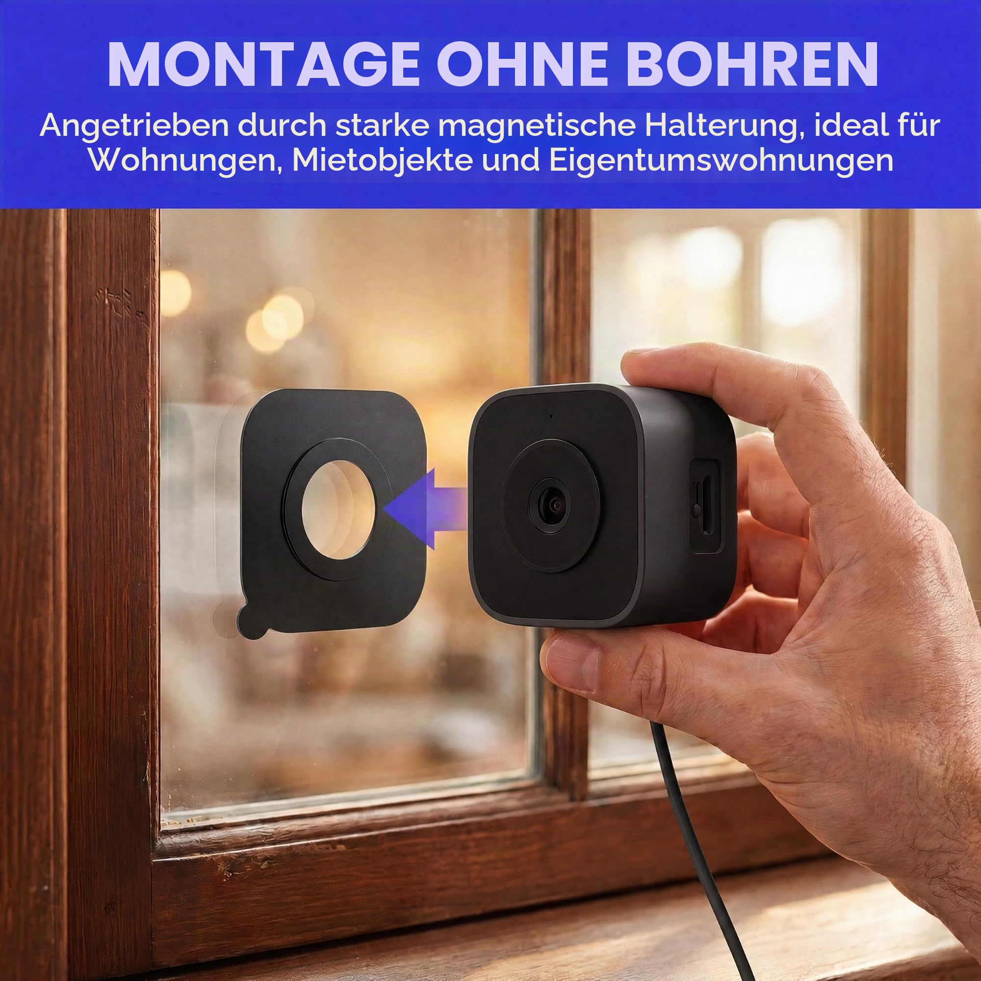 3MP 2K Fensterkamera, 2,4 GHz & 5 GHz WiFi6 Fenster-Sicherheitskamera für Zuhause, ohne Bohren, Innenkamera für Außenüberwachung durch Glas, Vollfarb-Nachtsicht, Bewegungserkennung (Schwarz)